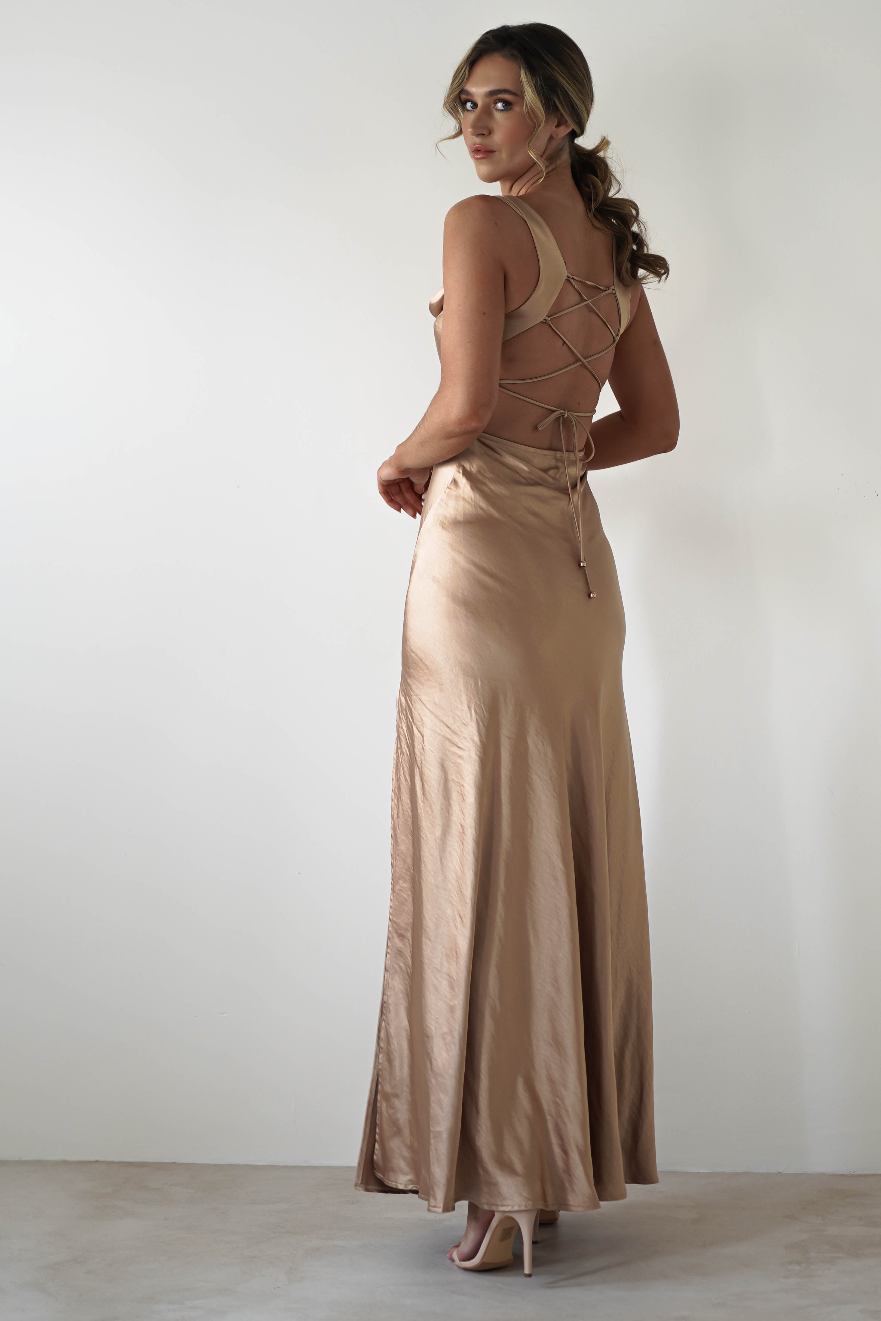 Riviera Soft Satin Maxi Gown | Gold/Bronze