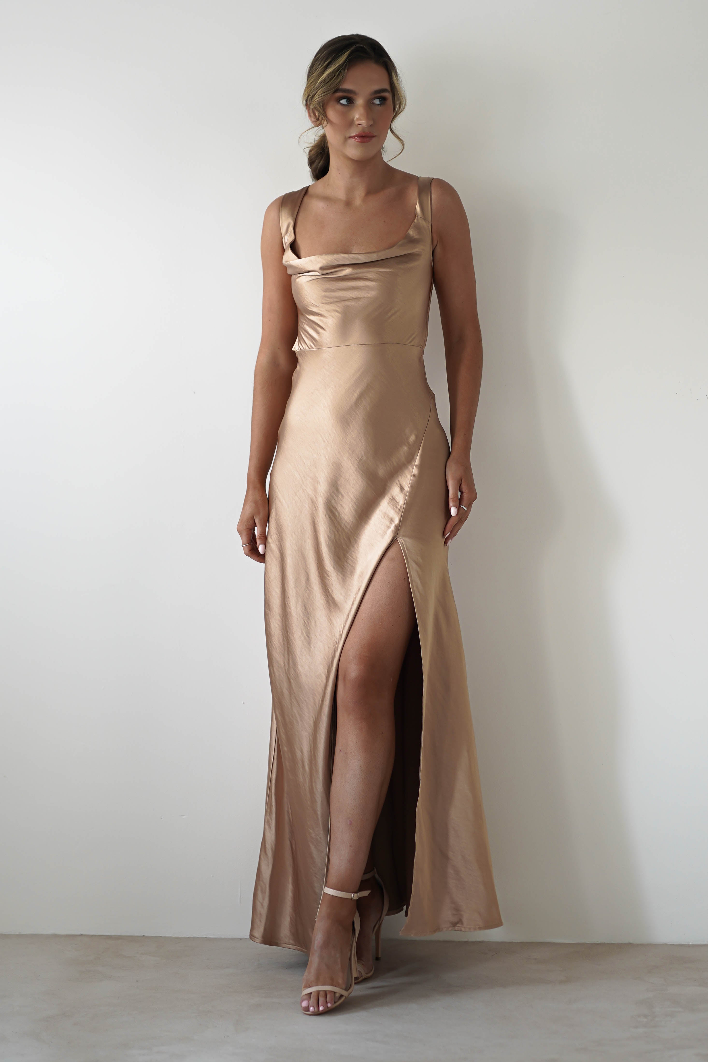 Riviera Soft Satin Maxi Gown | Gold/Bronze