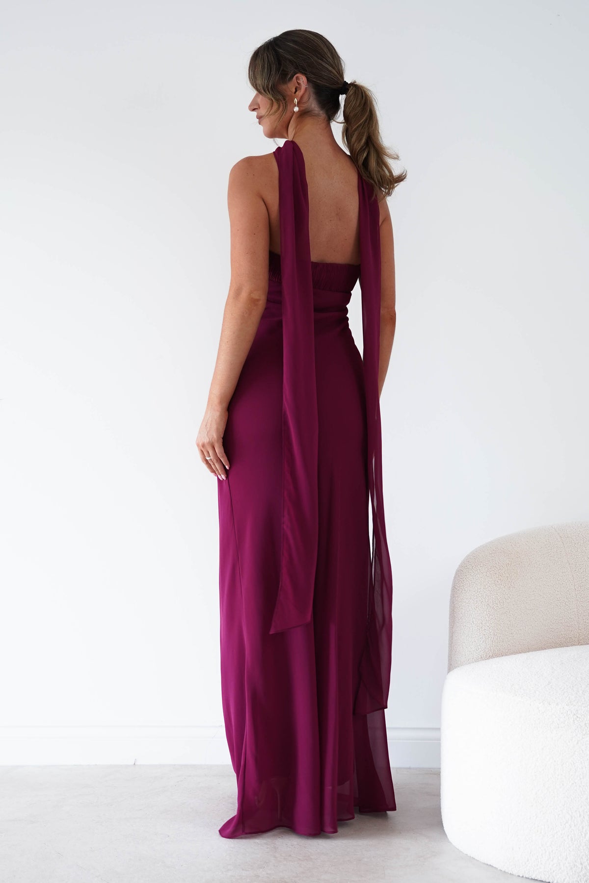 Oh Hello Clothing Women > Clothing > Dresses Robyn Strapless Chiffon Scarf Maxi Dress | Berry