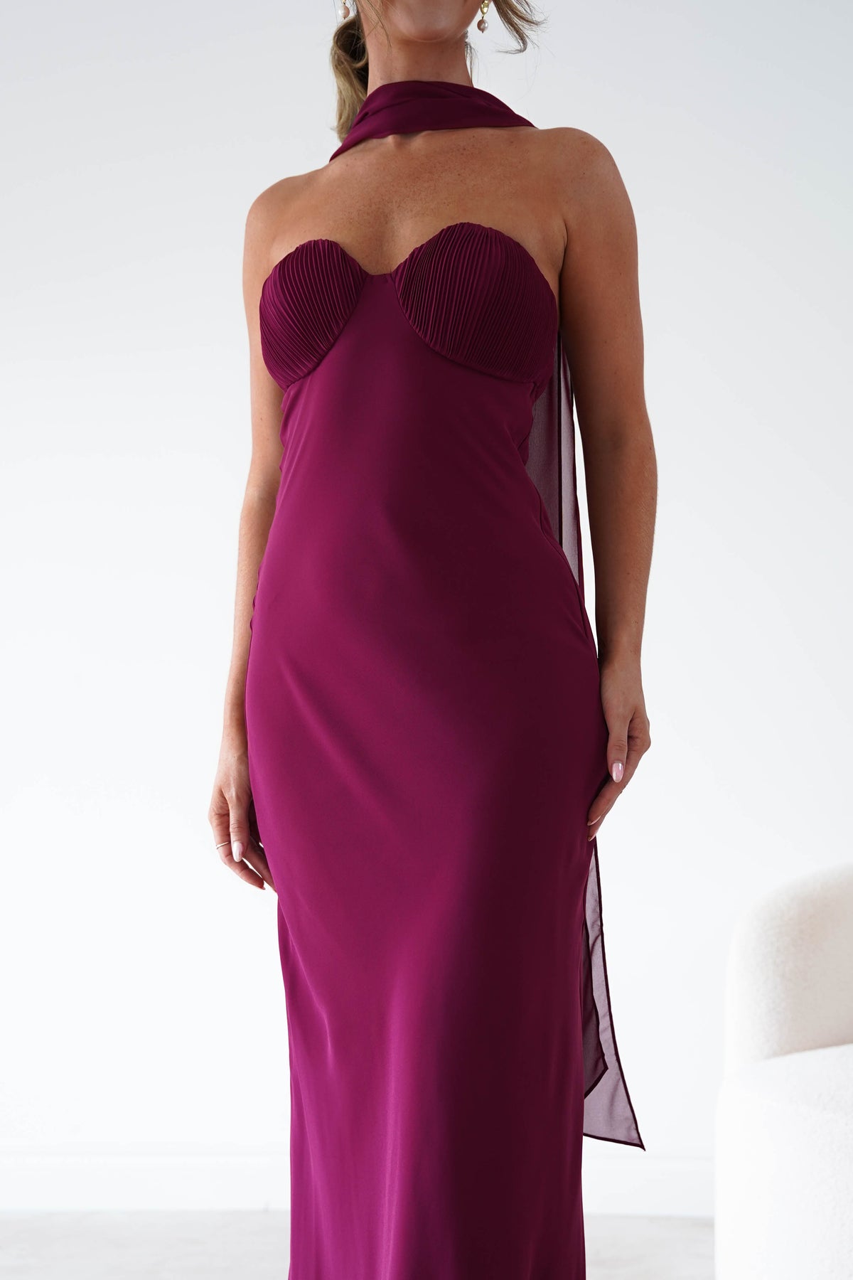 Oh Hello Clothing Women > Clothing > Dresses Robyn Strapless Chiffon Scarf Maxi Dress | Berry