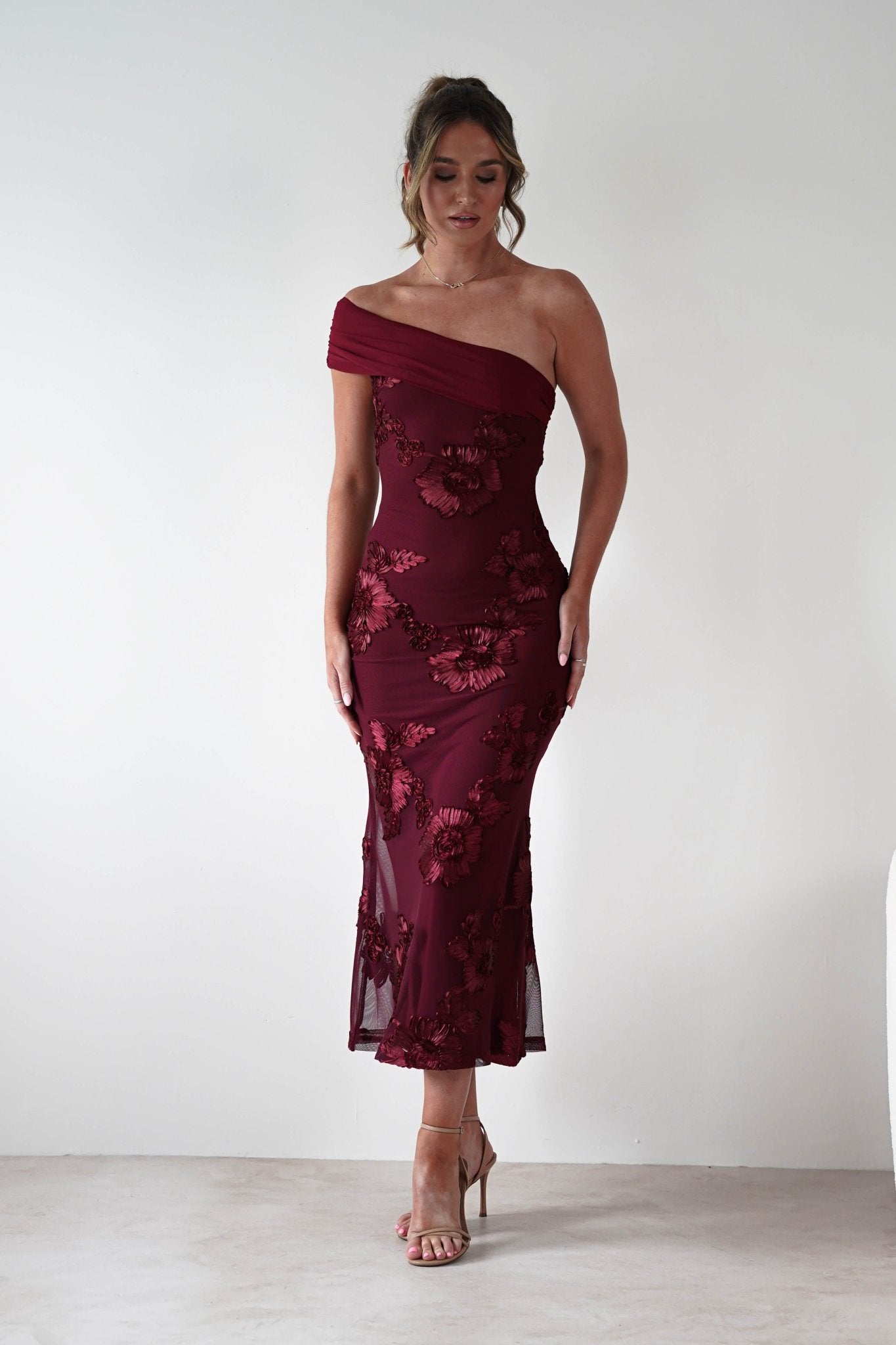 Rochelle Off The Shoulder Midi Dress | Wine | Oh Hello Clothing | XS (6)