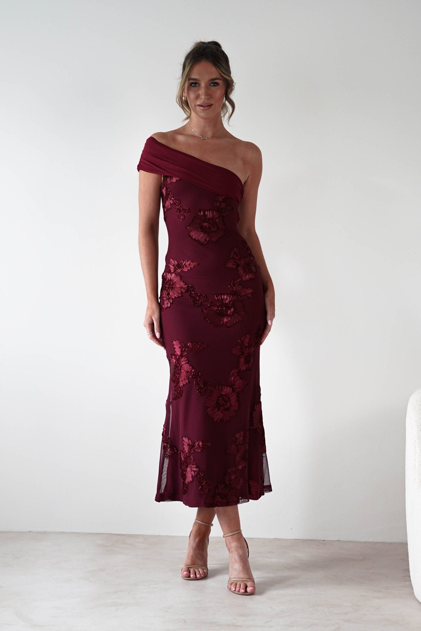 Rochelle Off The Shoulder Midi Dress | Wine | Oh Hello Clothing | XS (6)