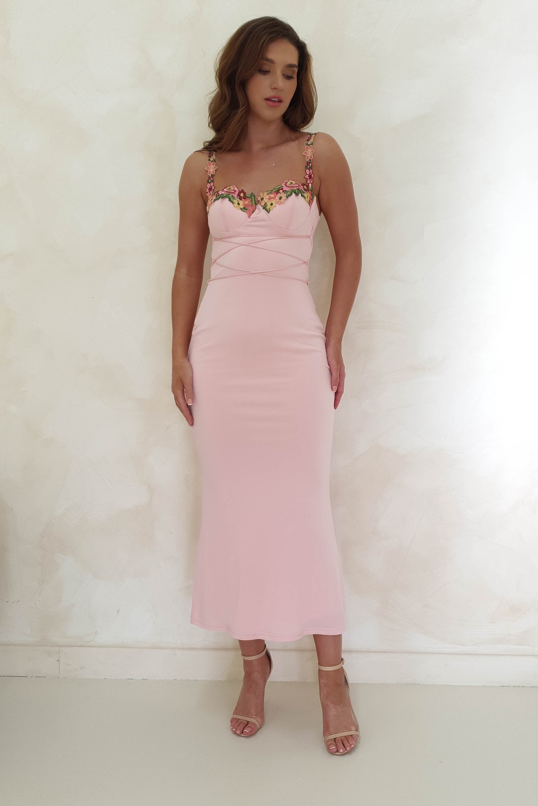 Baby pink bodycon midi dress on sale