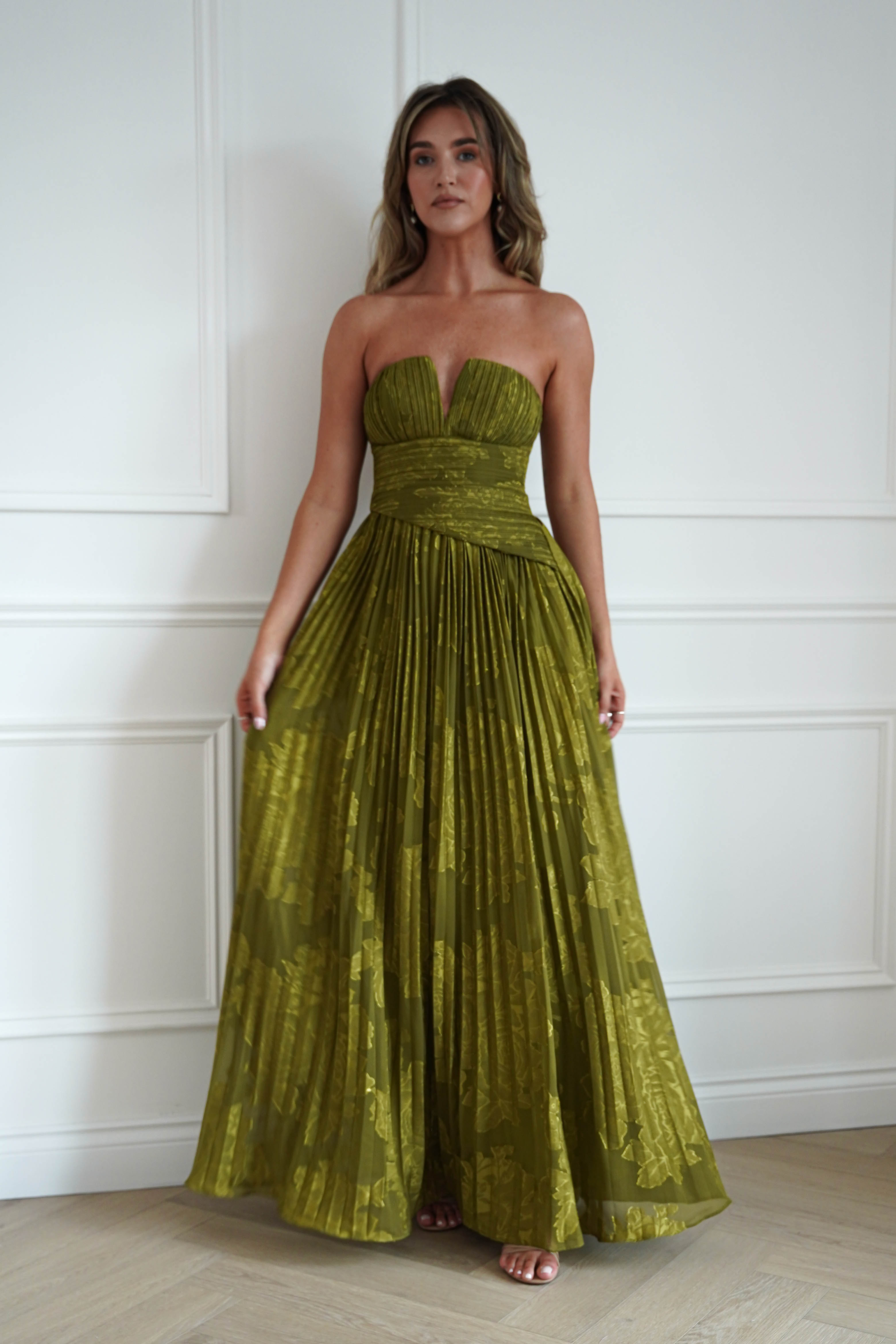 Oh Hello Clothing Women > Clothing > Dresses Rubi Floral Textured Ruffle Pleated Maxi Dress | Green