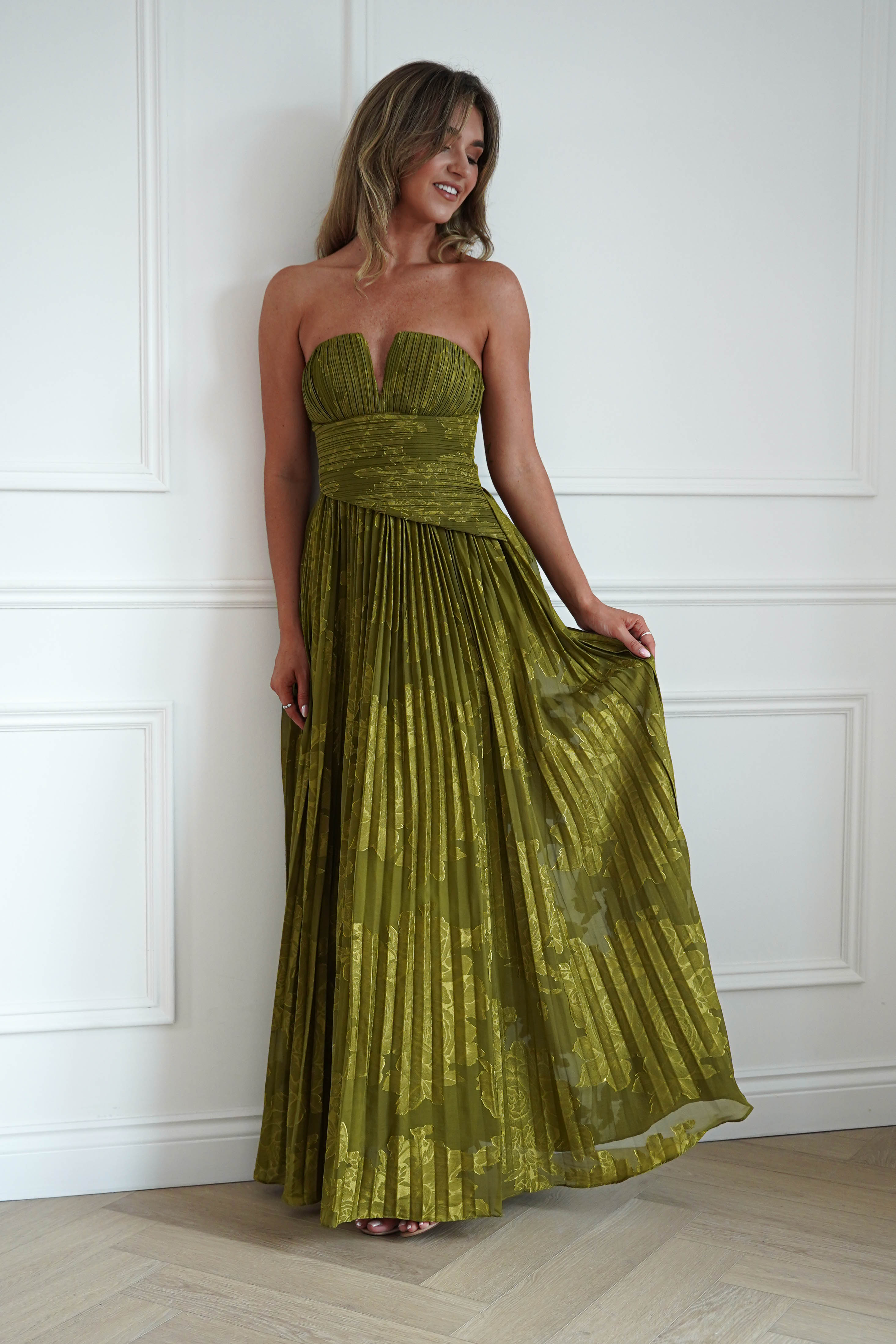 Oh Hello Clothing Women > Clothing > Dresses Rubi Floral Textured Ruffle Pleated Maxi Dress | Green