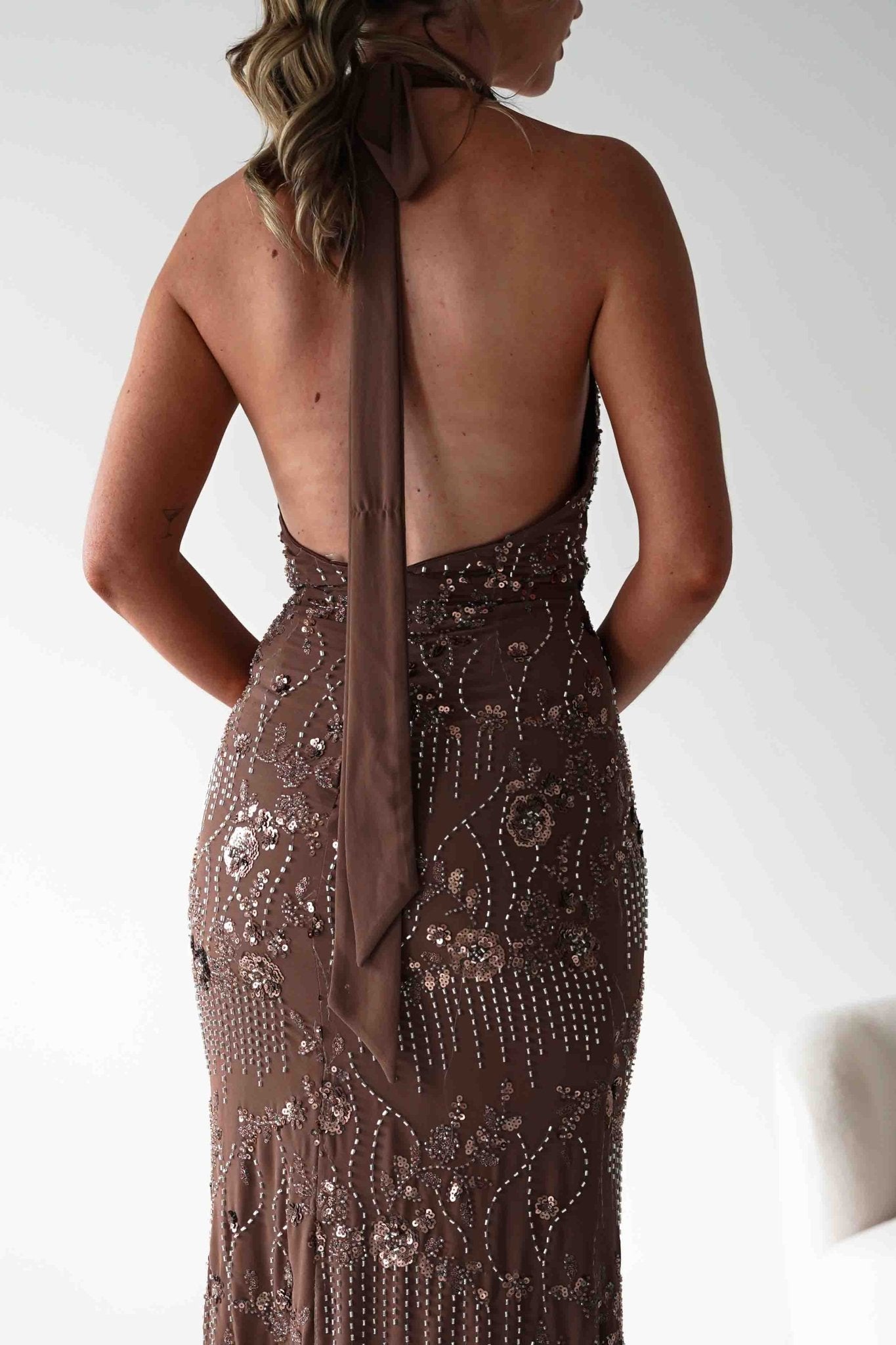 Sabrina Beaded Halterneck Maxi Dress | Brown | Oh Hello Clothing | XS (6)