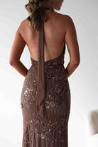 Sabrina Beaded Halterneck Maxi Dress Brown | Wedding Guest Dress | Halter Neck | Maxi | Oh Hello Clothing