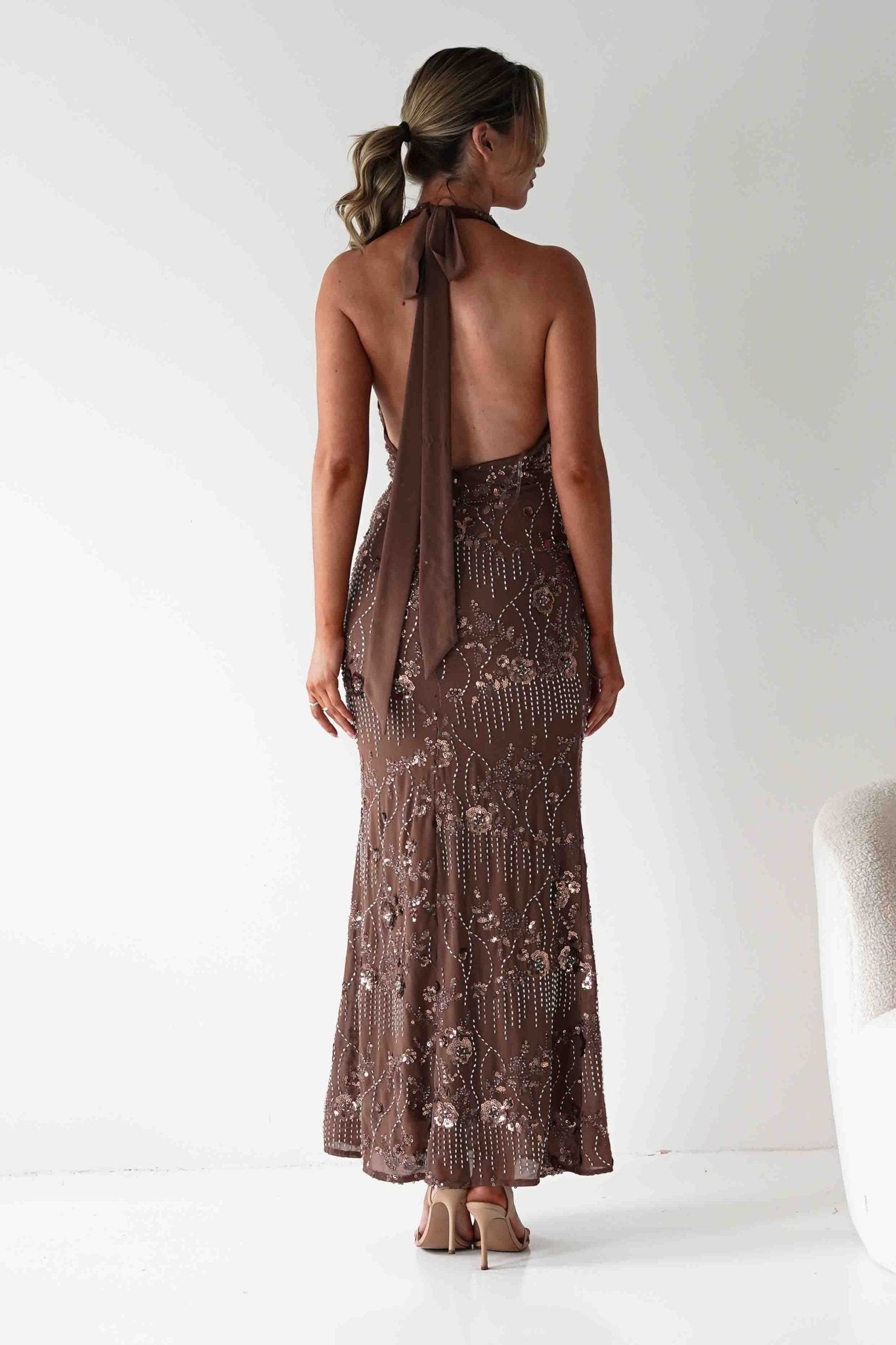 Sabrina Beaded Halterneck Maxi Dress | Brown | Oh Hello Clothing | XS (6)