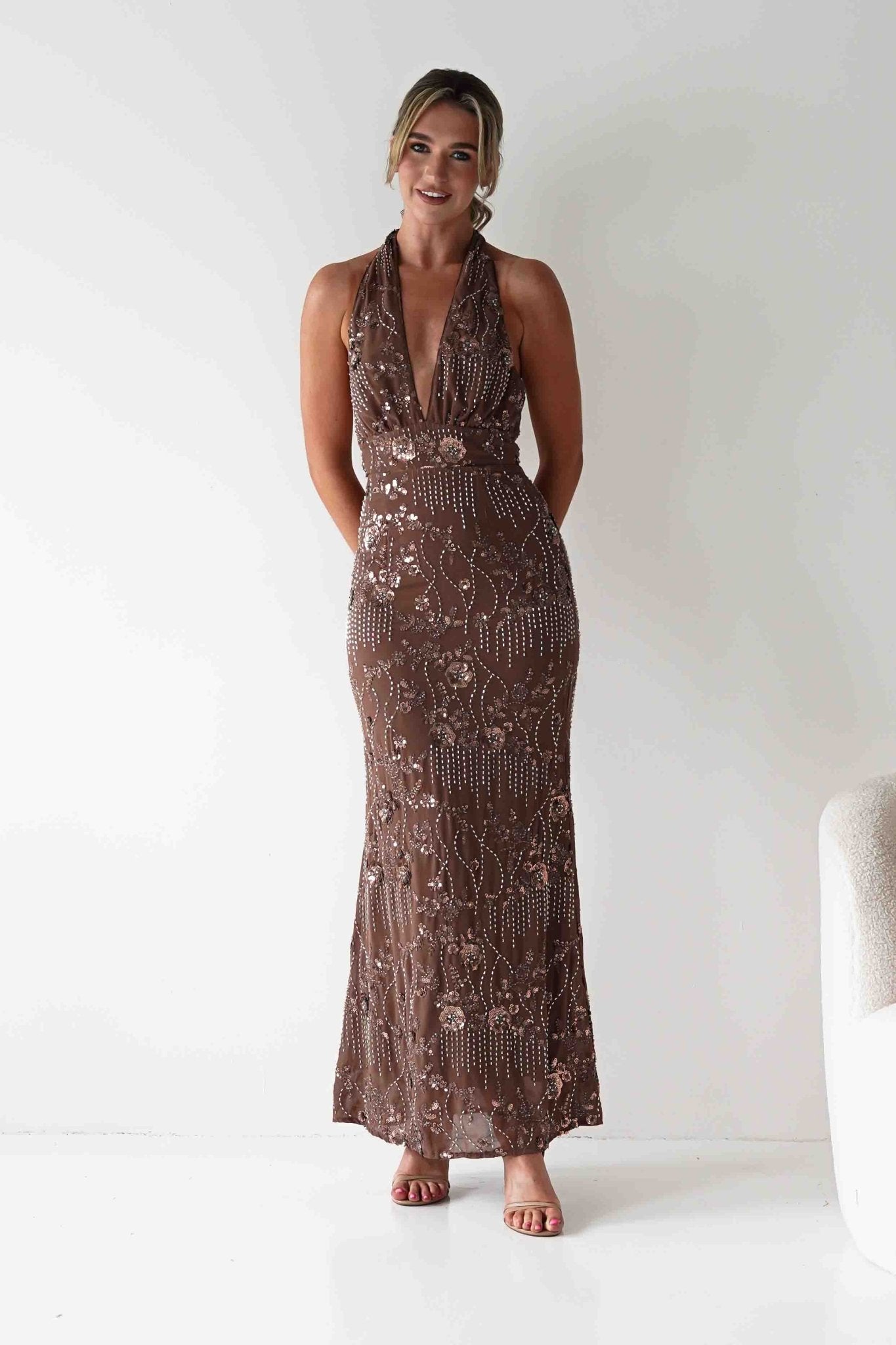 Sabrina Beaded Halterneck Maxi Dress | Brown | Oh Hello Clothing | XS (6)