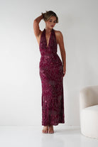 Oh Hello Clothing Dresses Sabrina Beaded Halterneck Maxi Dress | Wine