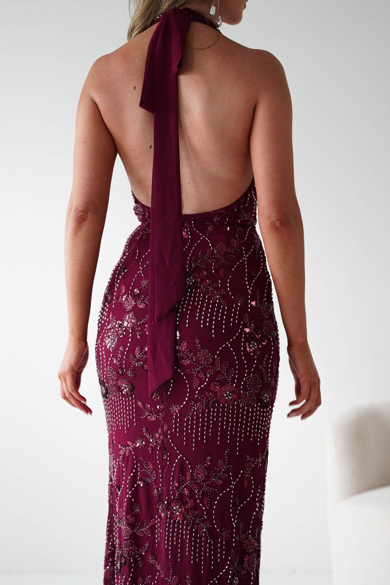 Oh Hello Clothing Dresses Sabrina Beaded Halterneck Maxi Dress | Wine
