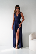 Oh Hello Clothing Dresses > Prom Dresses Saffron V-Neck Soft Satin Maxi Dress | Navy