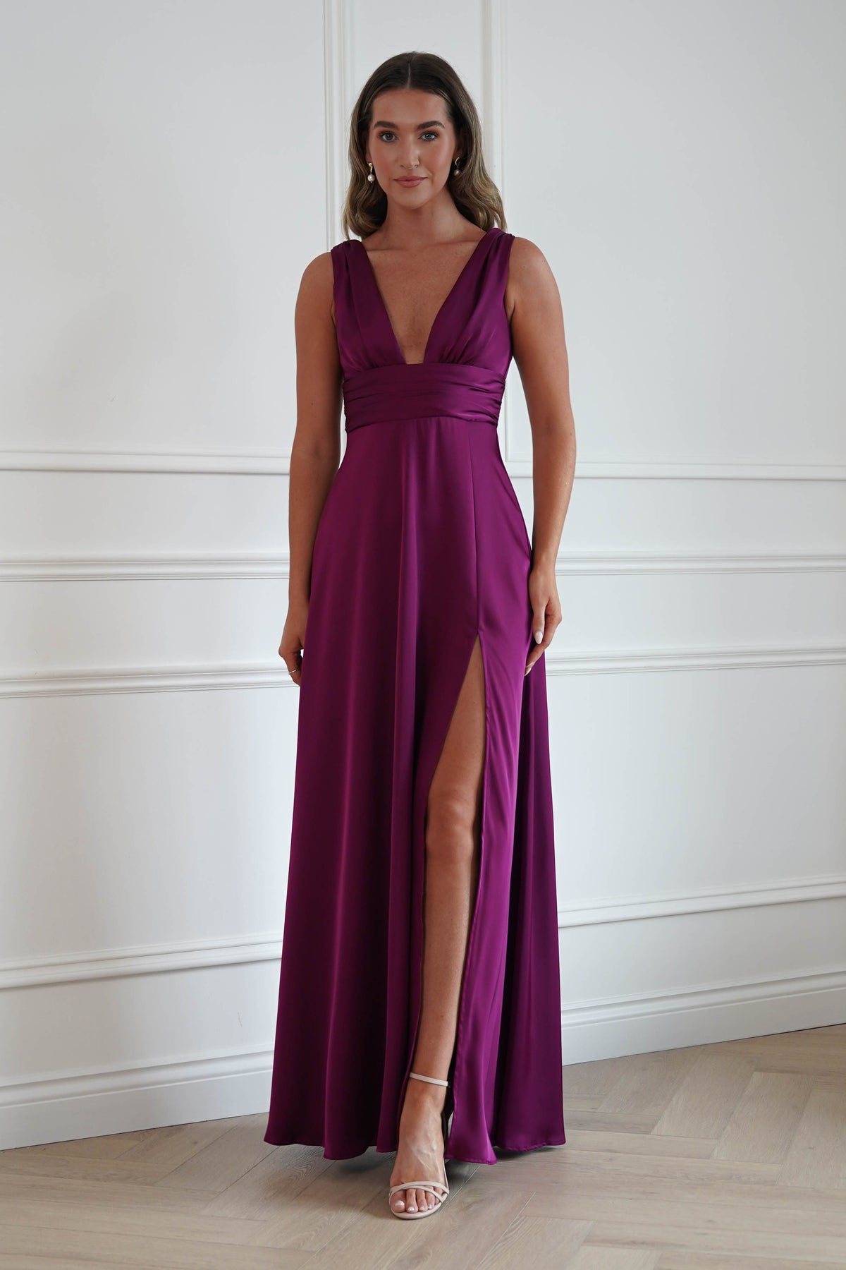 Oh Hello Clothing Women > Clothing > Dresses Saffron V-Neck Soft Satin Maxi Dress | Plum