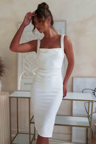 Salena Pearl Detail Bodycon Midi Dress | White | Graduation | Bride To Be Hen Dress | Oh Hello Clothing