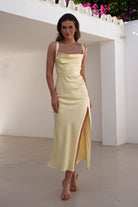 Salma Soft Matte Satin Midaxi Dress Yellow | Wedding Guest Dress | Satin | Oh Hello Clothing