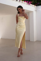 Salma Soft Matte Satin Midaxi Dress Yellow | Wedding Guest Dress | Satin | Oh Hello Clothing