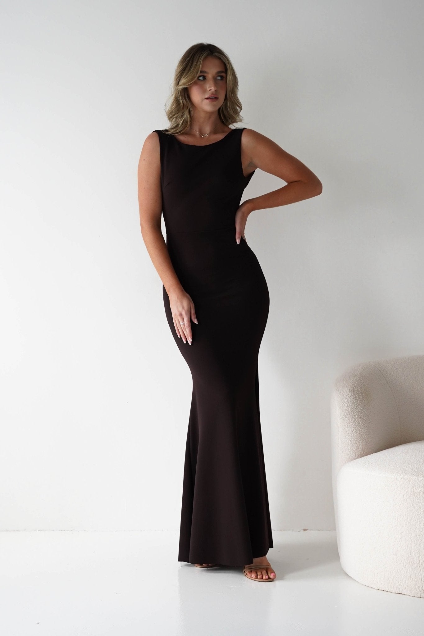 Samantha Bow Detail Maxi Dress | Dark Brown | Oh Hello Clothing | S/M - (8 - 10)