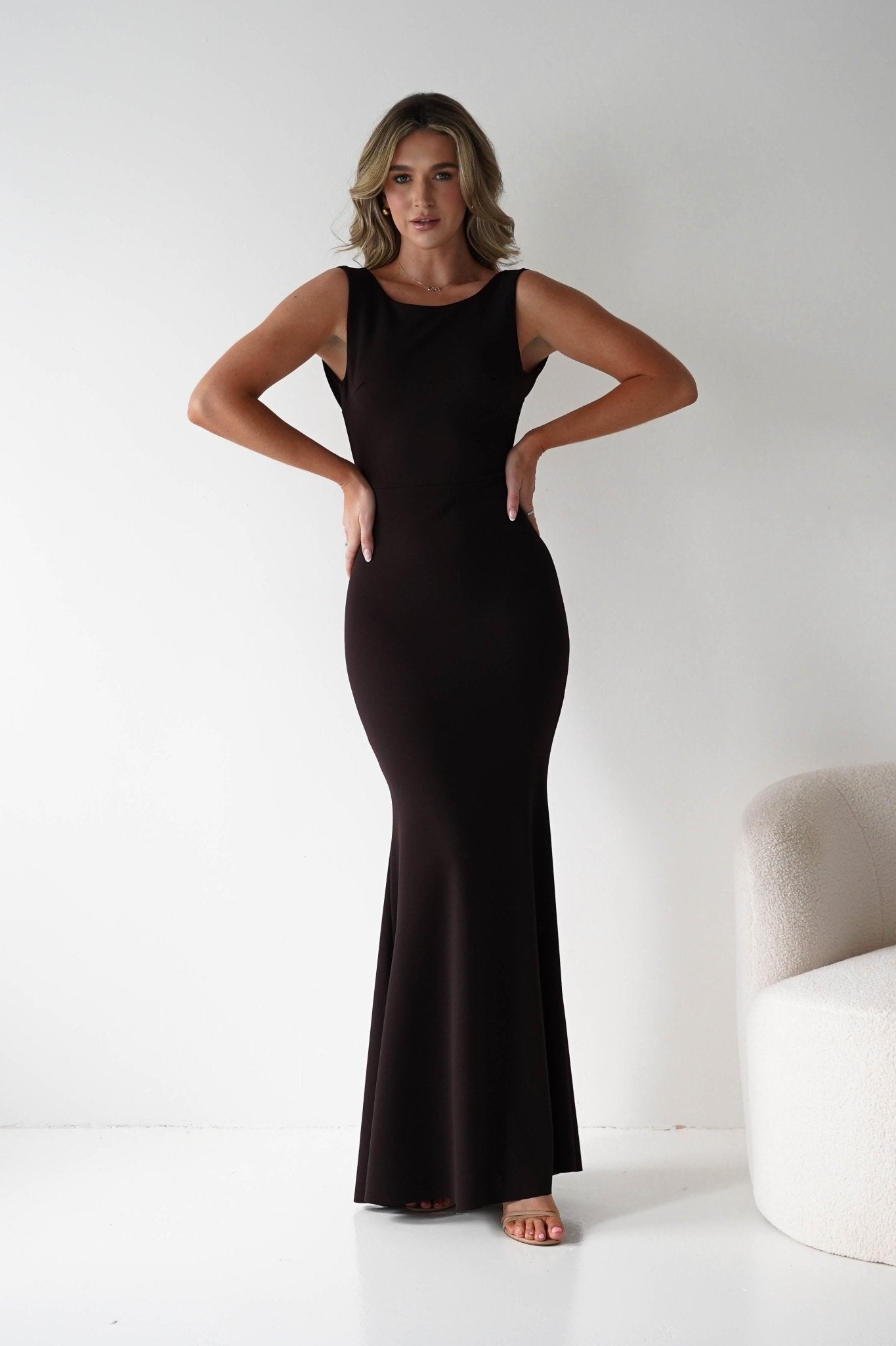 Samantha Bow Detail Maxi Dress | Dark Brown | Oh Hello Clothing | S/M - (8 - 10)