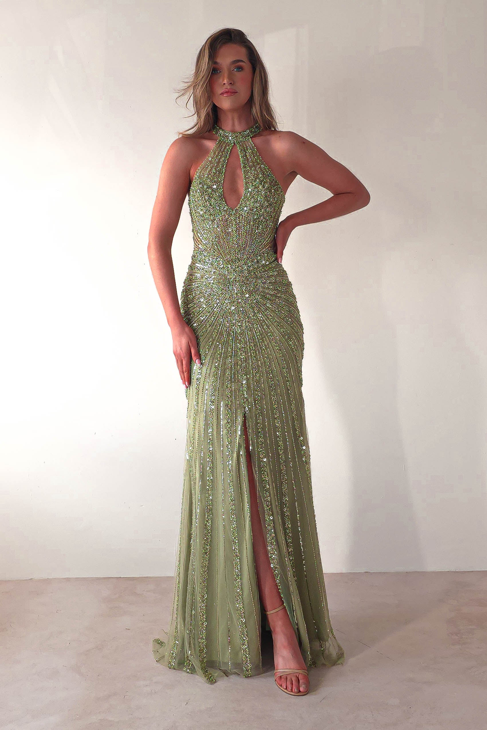 Santana Beaded Keyhole Gown | Green