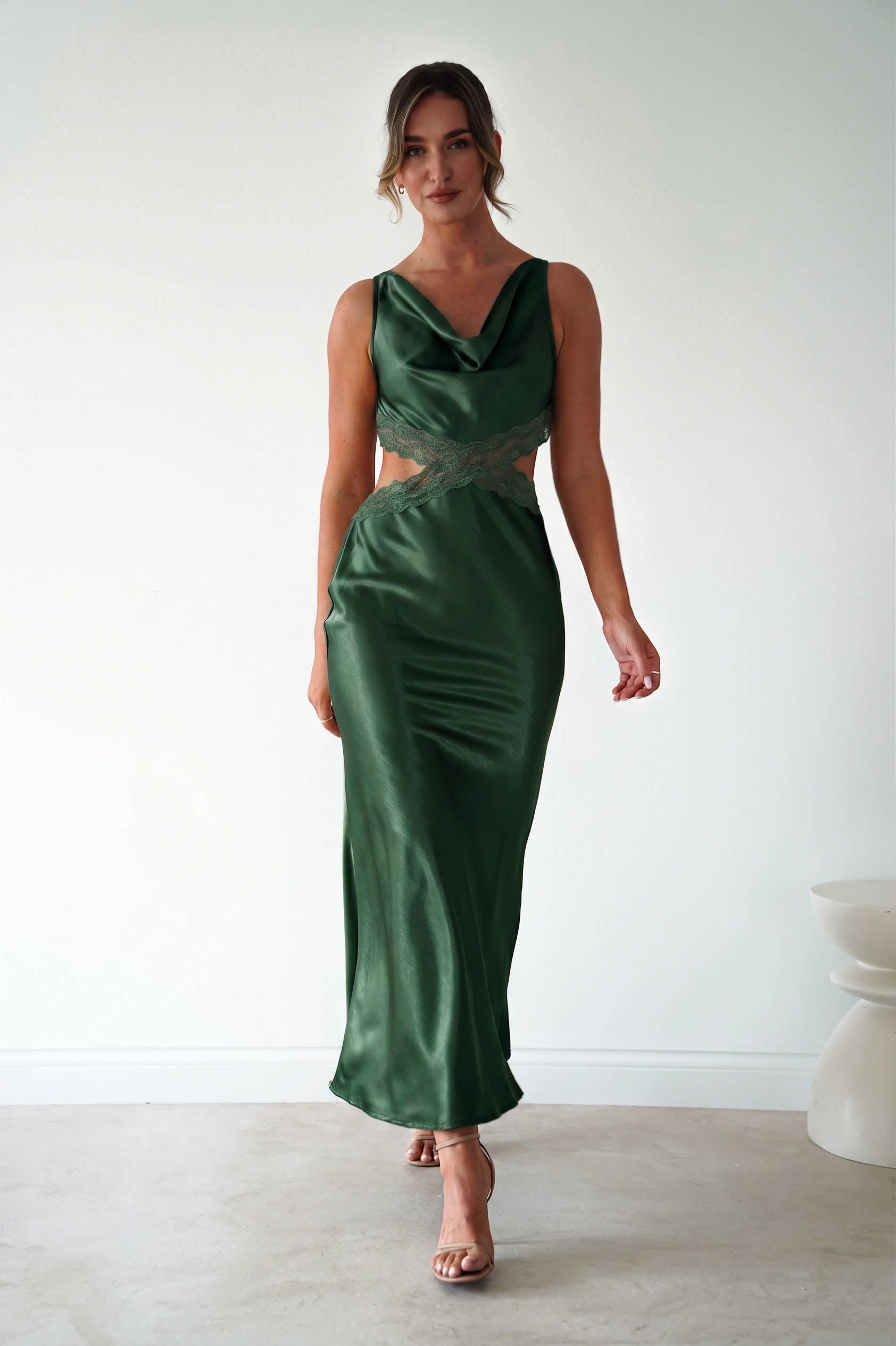 Oh Hello Clothing Women > Clothing > Dresses Saoirse Satin Lace Cut Out Maxi Dress | Dark Green