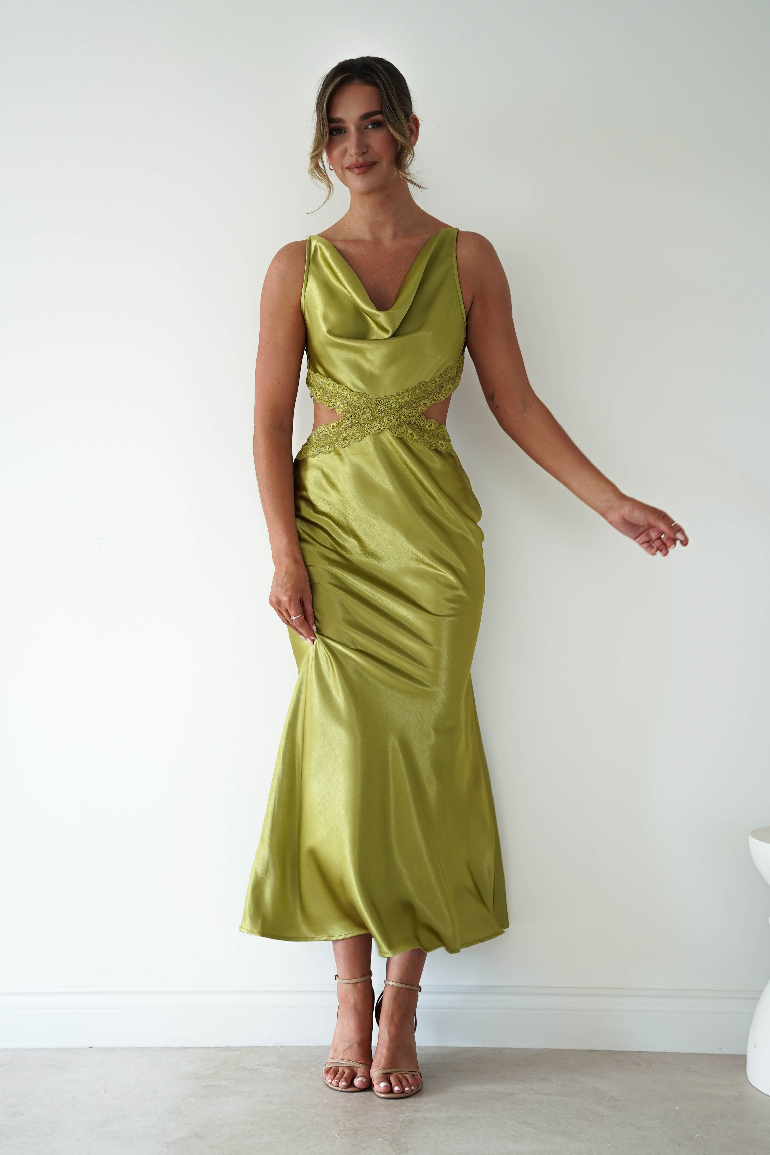 Oh Hello Clothing Women > Clothing > Dresses Saoirse Satin Lace Cut Out Maxi Dress | Lime