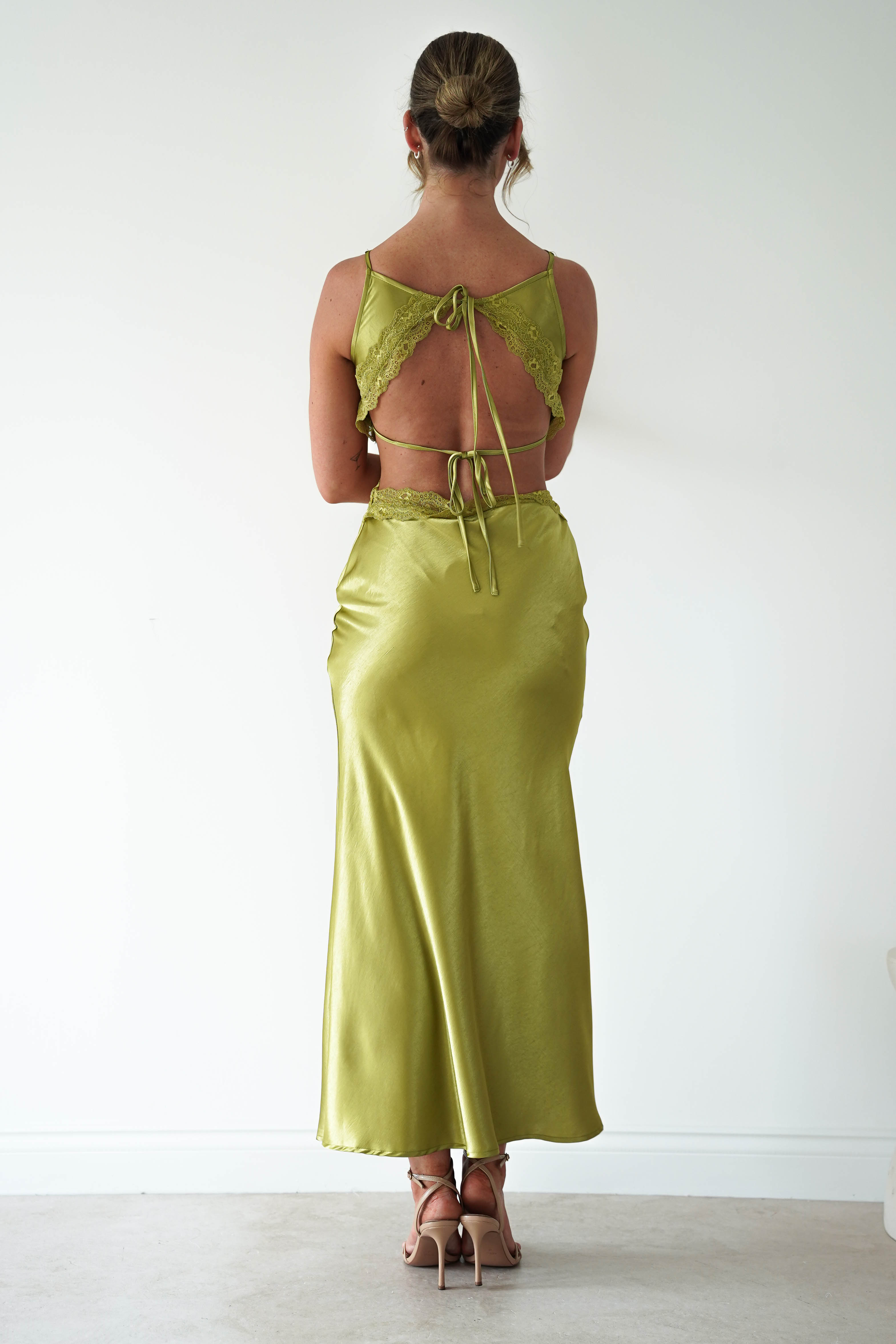 Oh Hello Clothing Women > Clothing > Dresses Saoirse Satin Lace Cut Out Maxi Dress | Lime