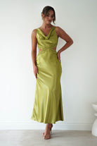 Oh Hello Clothing Women > Clothing > Dresses Saoirse Satin Lace Cut Out Maxi Dress | Lime