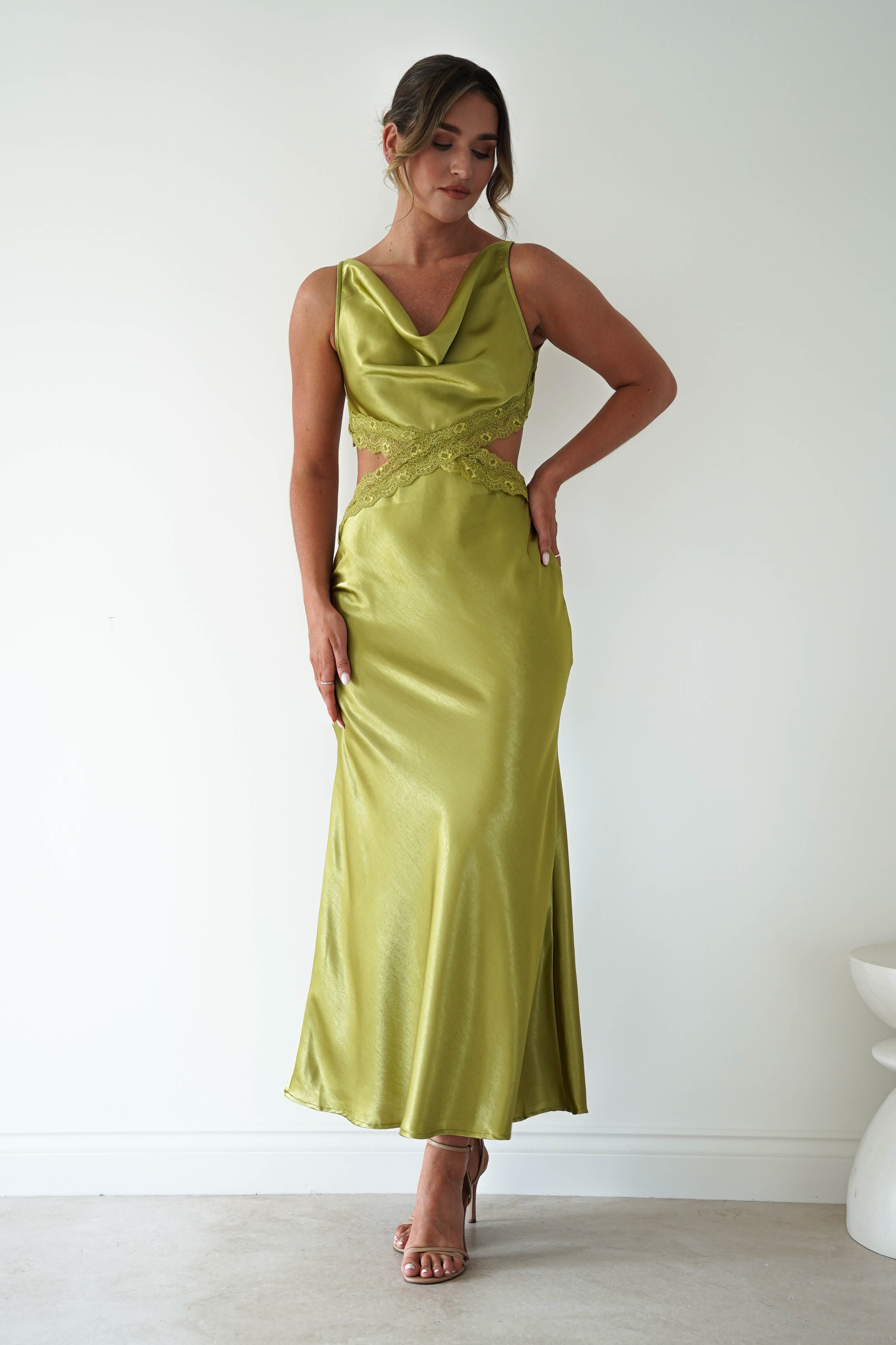 Oh Hello Clothing Women > Clothing > Dresses Saoirse Satin Lace Cut Out Maxi Dress | Lime