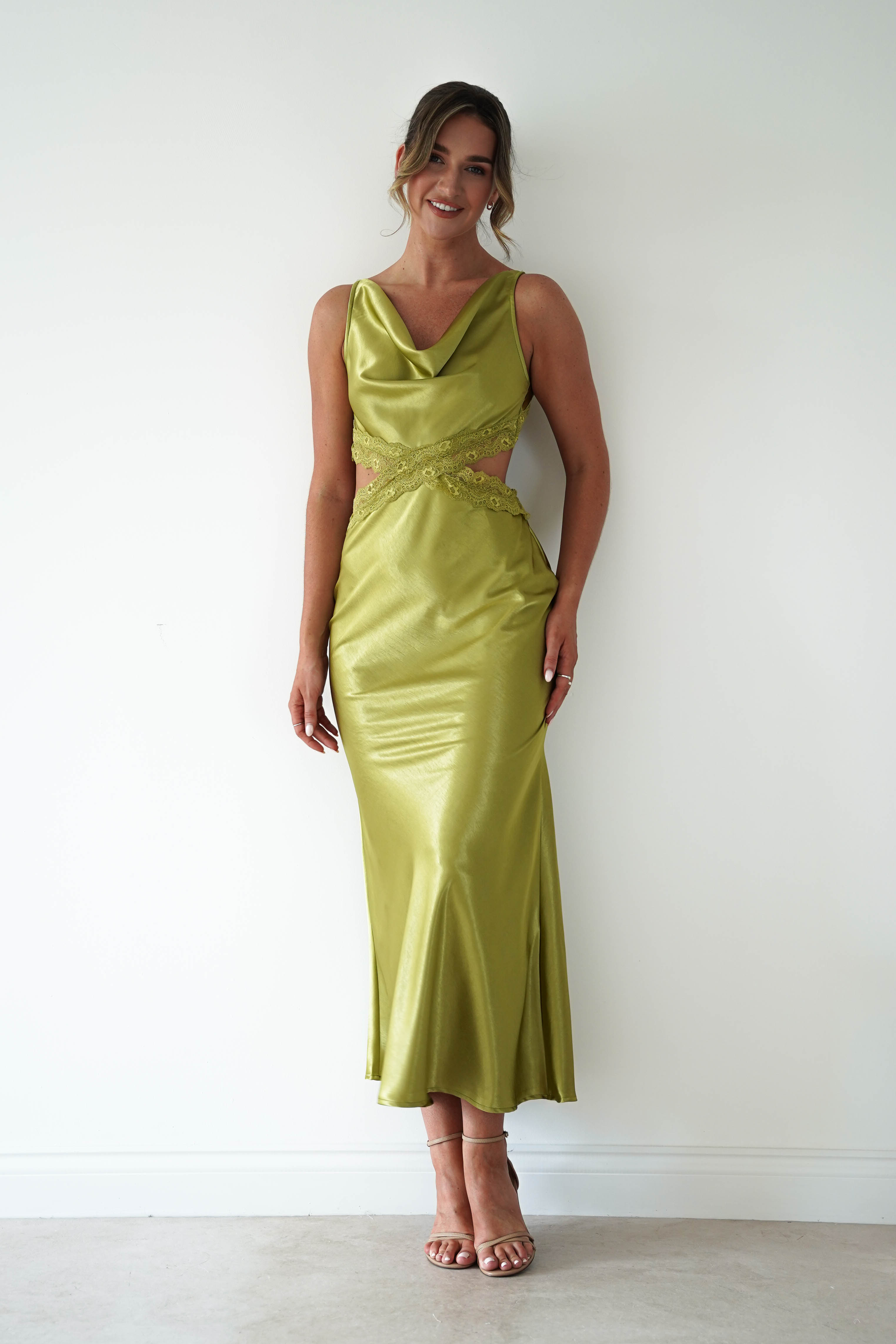 Oh Hello Clothing Women > Clothing > Dresses Saoirse Satin Lace Cut Out Maxi Dress | Lime