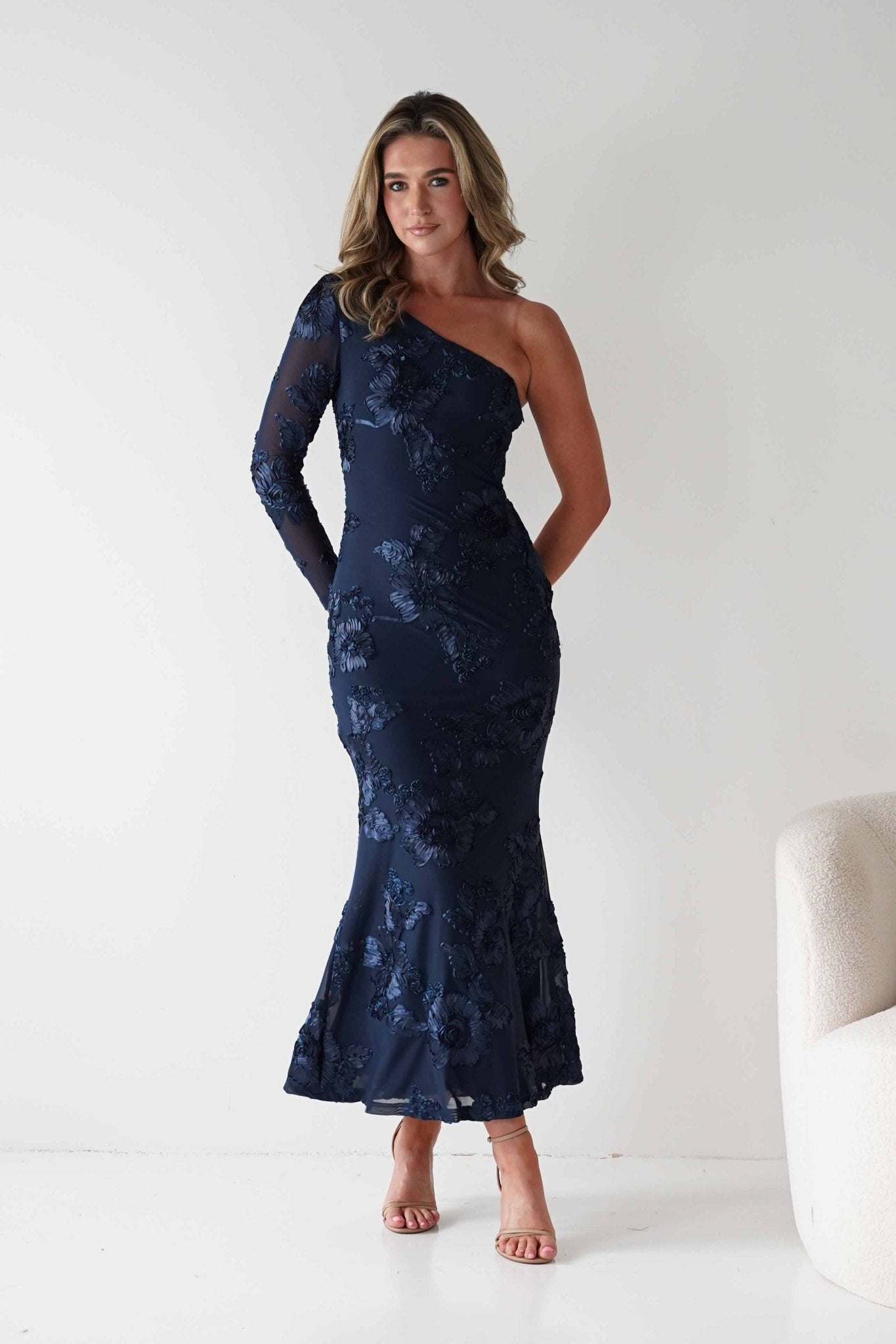 Saphira One Sleeve Maxi Dress | Navy Textured | Oh Hello Clothing | XS(6)