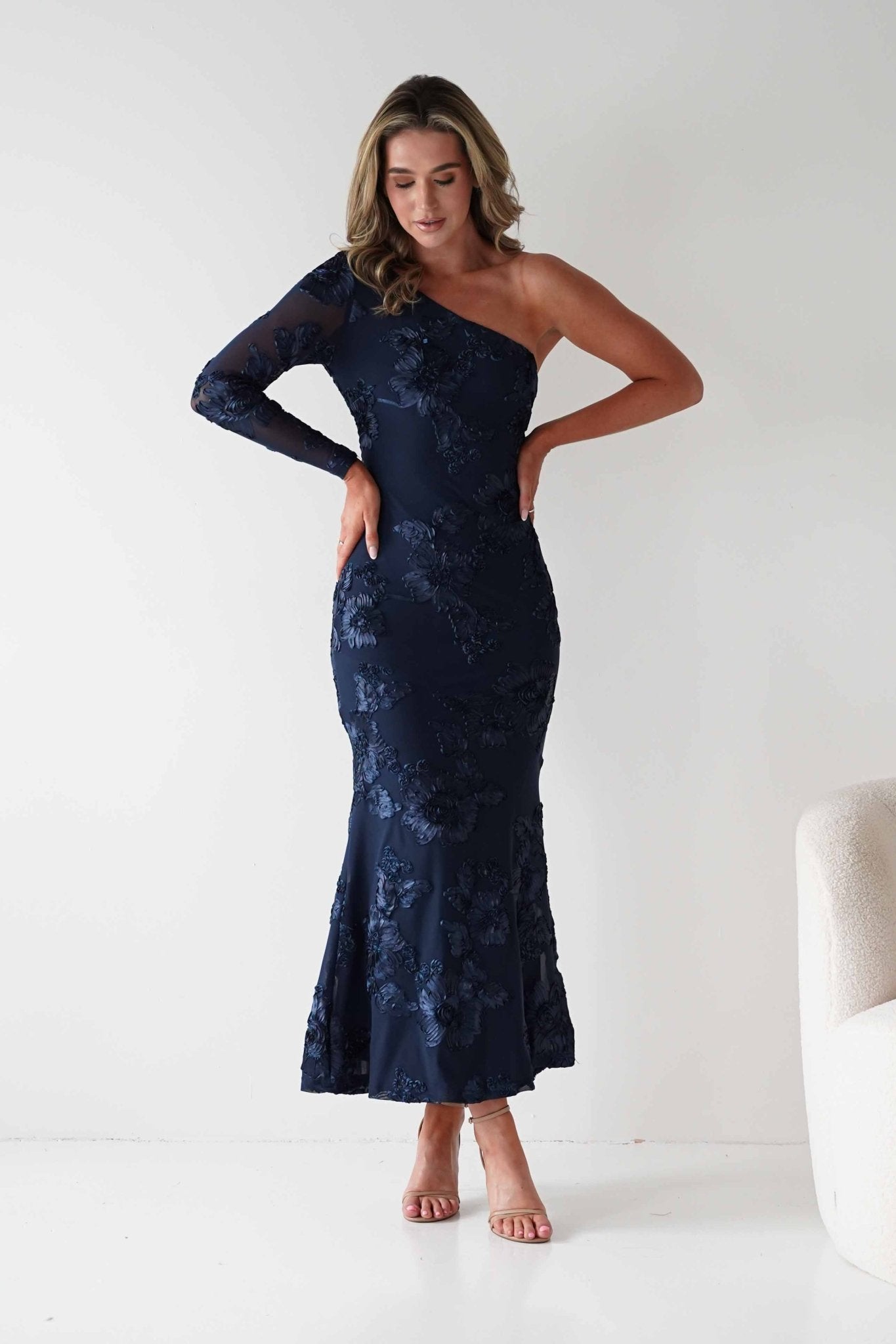 Saphira One Sleeve Maxi Dress | Navy Textured | Oh Hello Clothing | XS(6)