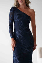 Saphira One Sleeve Maxi Dress Navy Textured | Wedding Guest Dress | One Shoulder | Maxi | Oh Hello Clothing