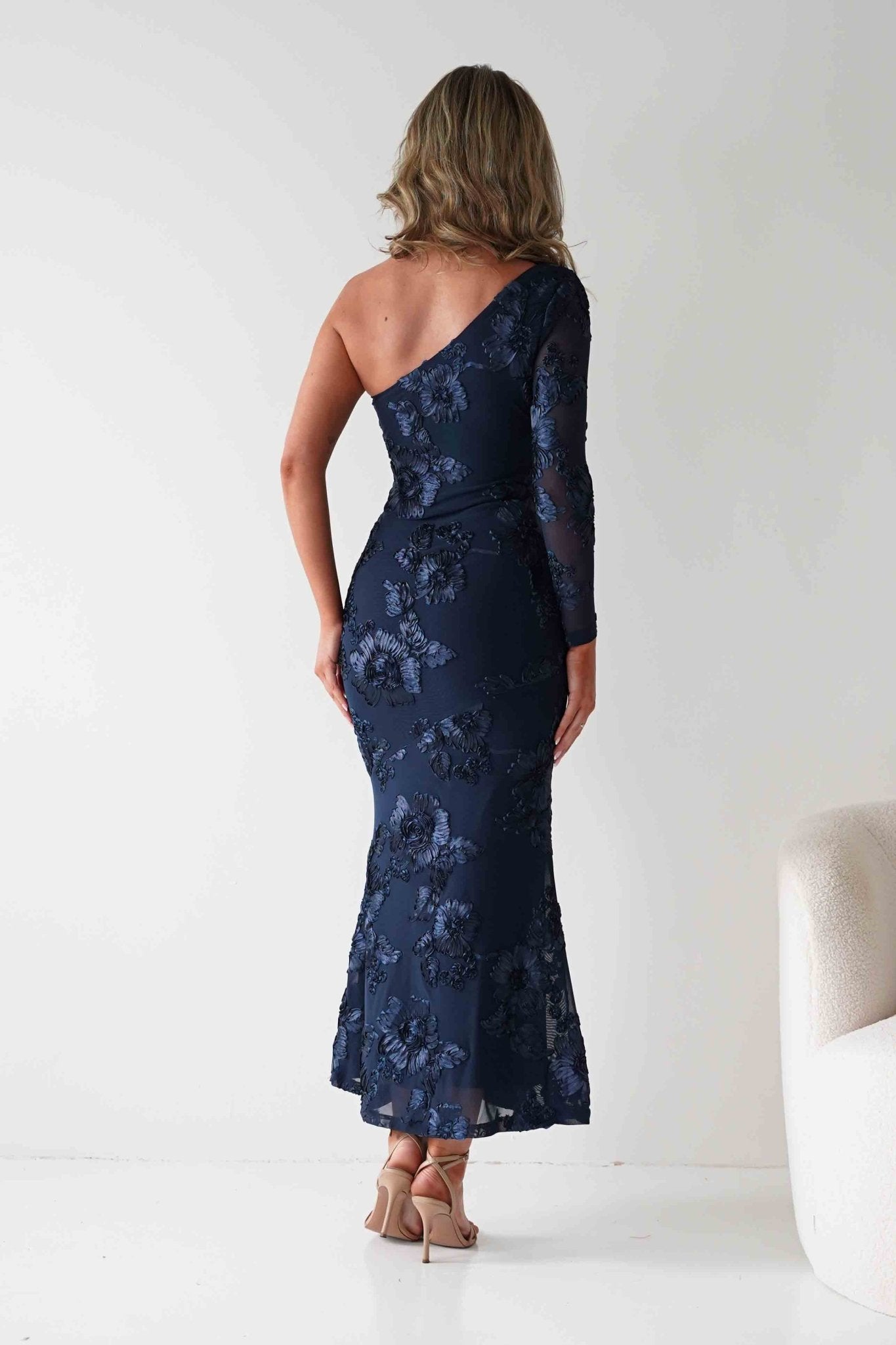Saphira One Sleeve Maxi Dress | Navy Textured | Oh Hello Clothing | XS(6)