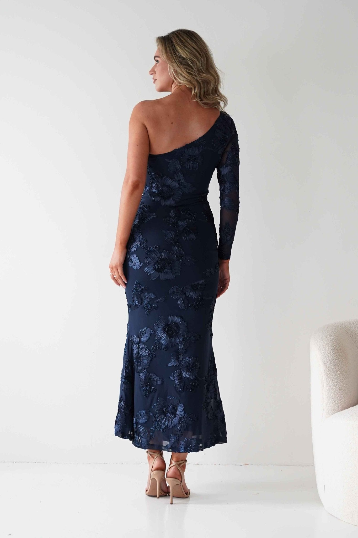 Saphira One Sleeve Maxi Dress | Navy Textured | Oh Hello Clothing | XS(6)