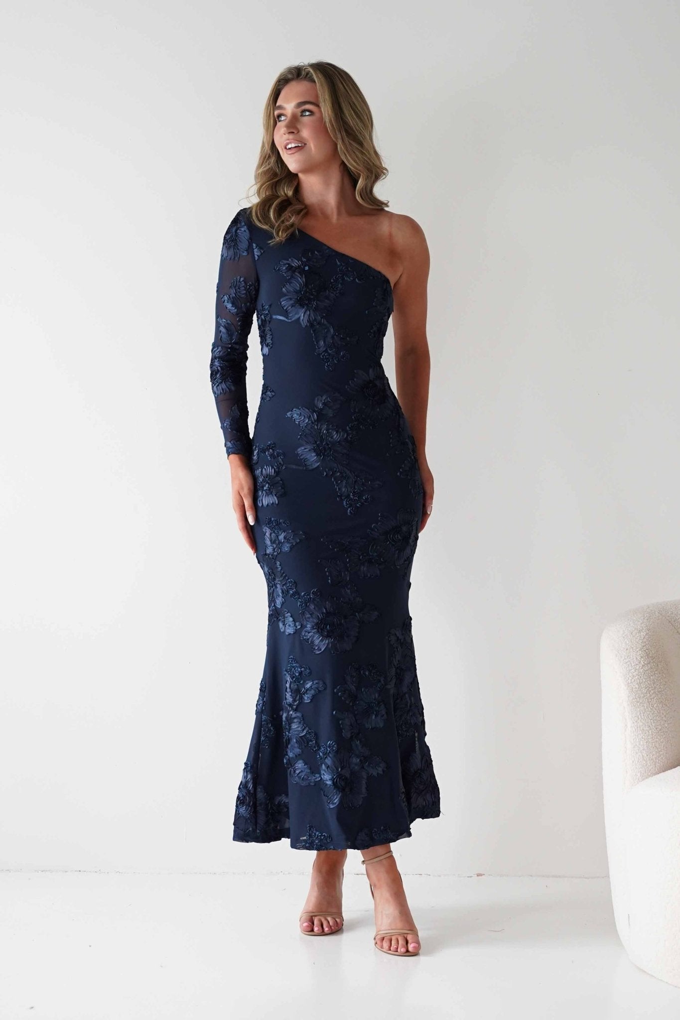 Saphira One Sleeve Maxi Dress | Navy Textured | Oh Hello Clothing | XS(6)