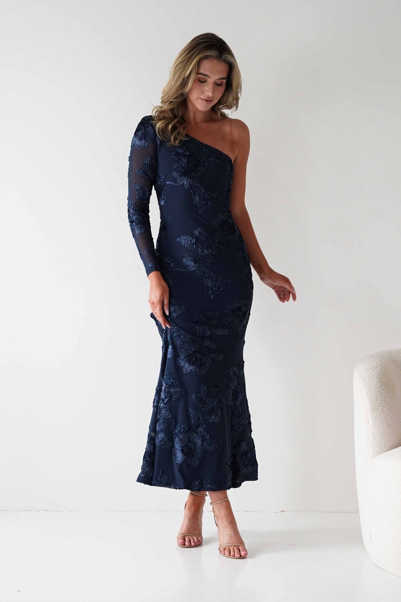 Saphira One Sleeve Maxi Dress | Navy Textured | Oh Hello Clothing | XS(6)