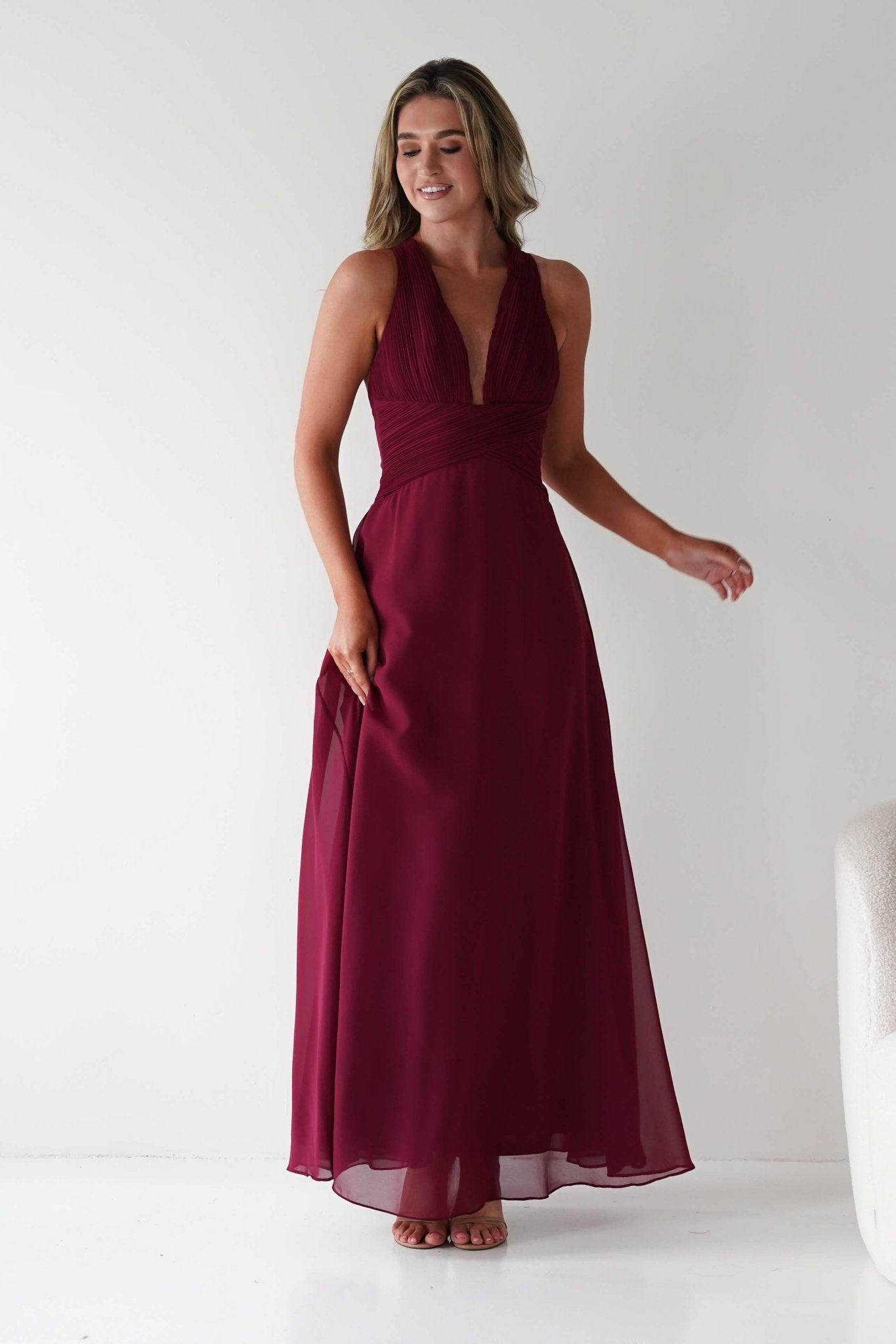 Sara A - Line Chiffon Maxi Dress | Burgundy | Oh Hello Clothing | S (8)