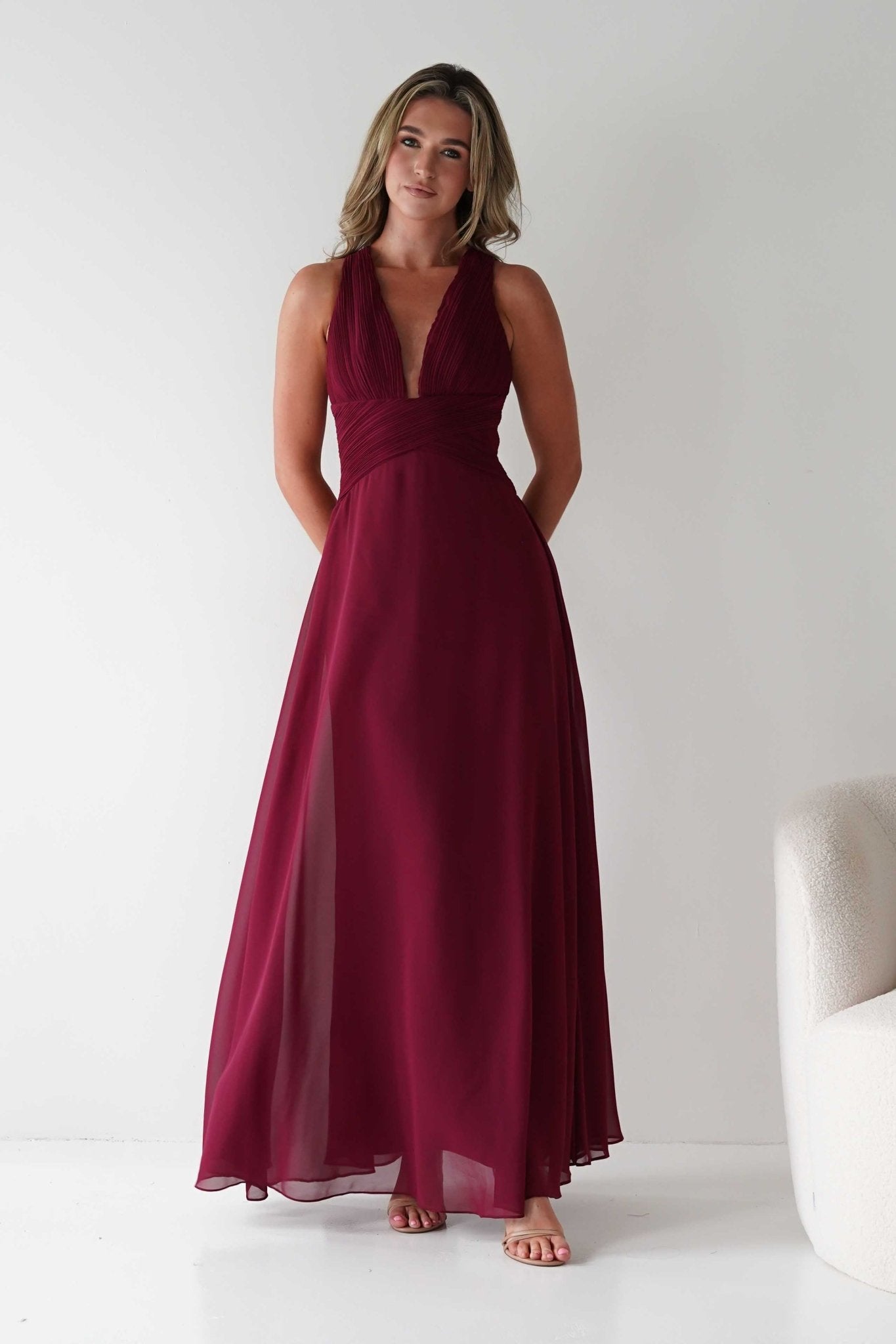 Sara A - Line Chiffon Maxi Dress | Burgundy | Oh Hello Clothing | S (8)