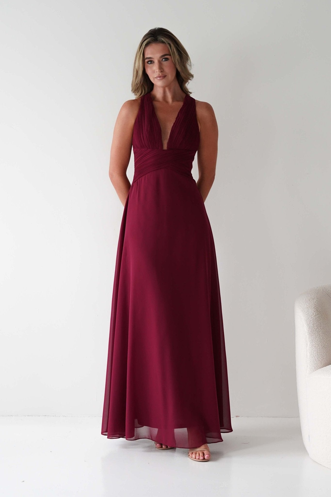 Sara A - Line Chiffon Maxi Dress | Burgundy | Oh Hello Clothing | S (8)