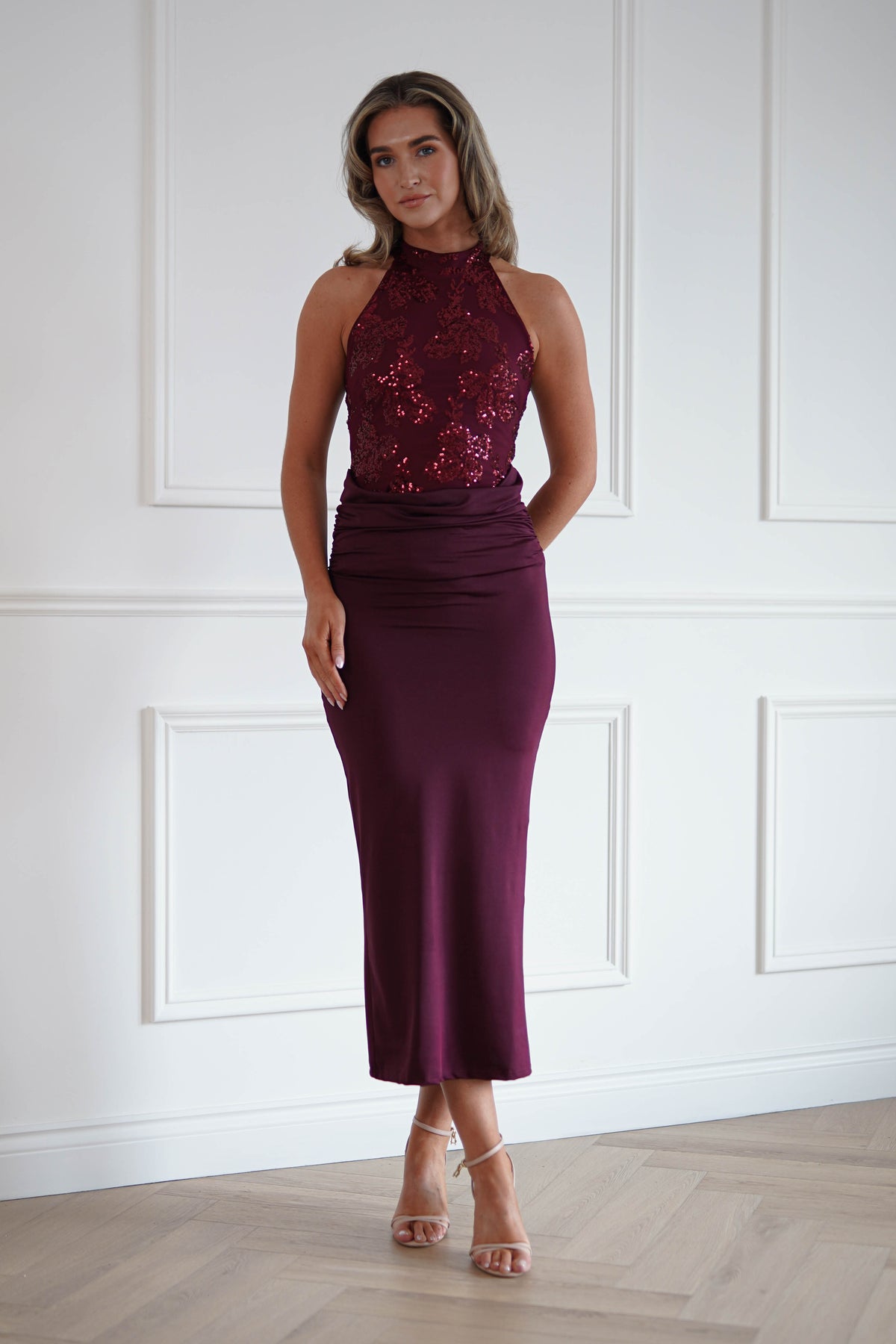 Oh Hello Clothing Women > Clothing > Dresses Seraphina Sequin Halterneck Maxi Dress | Wine