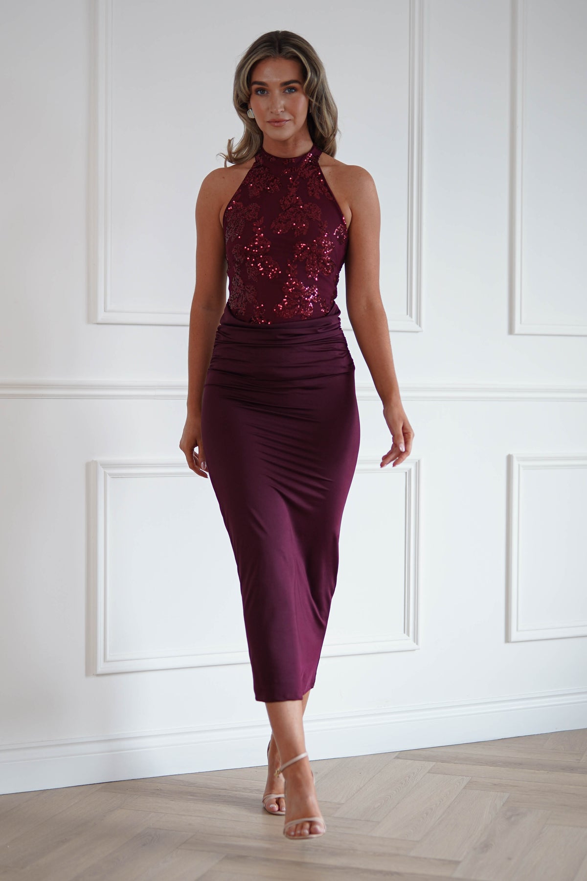 Oh Hello Clothing Women > Clothing > Dresses Seraphina Sequin Halterneck Maxi Dress | Wine