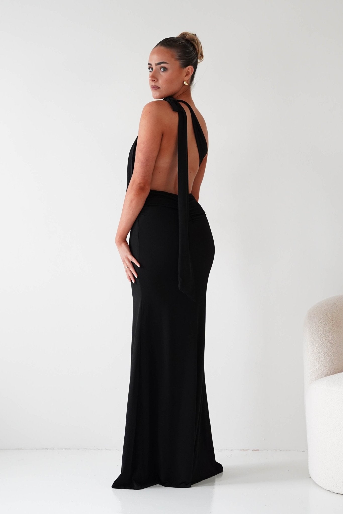 Seraphine Backless Tie Bodycon Maxi Gown | Black