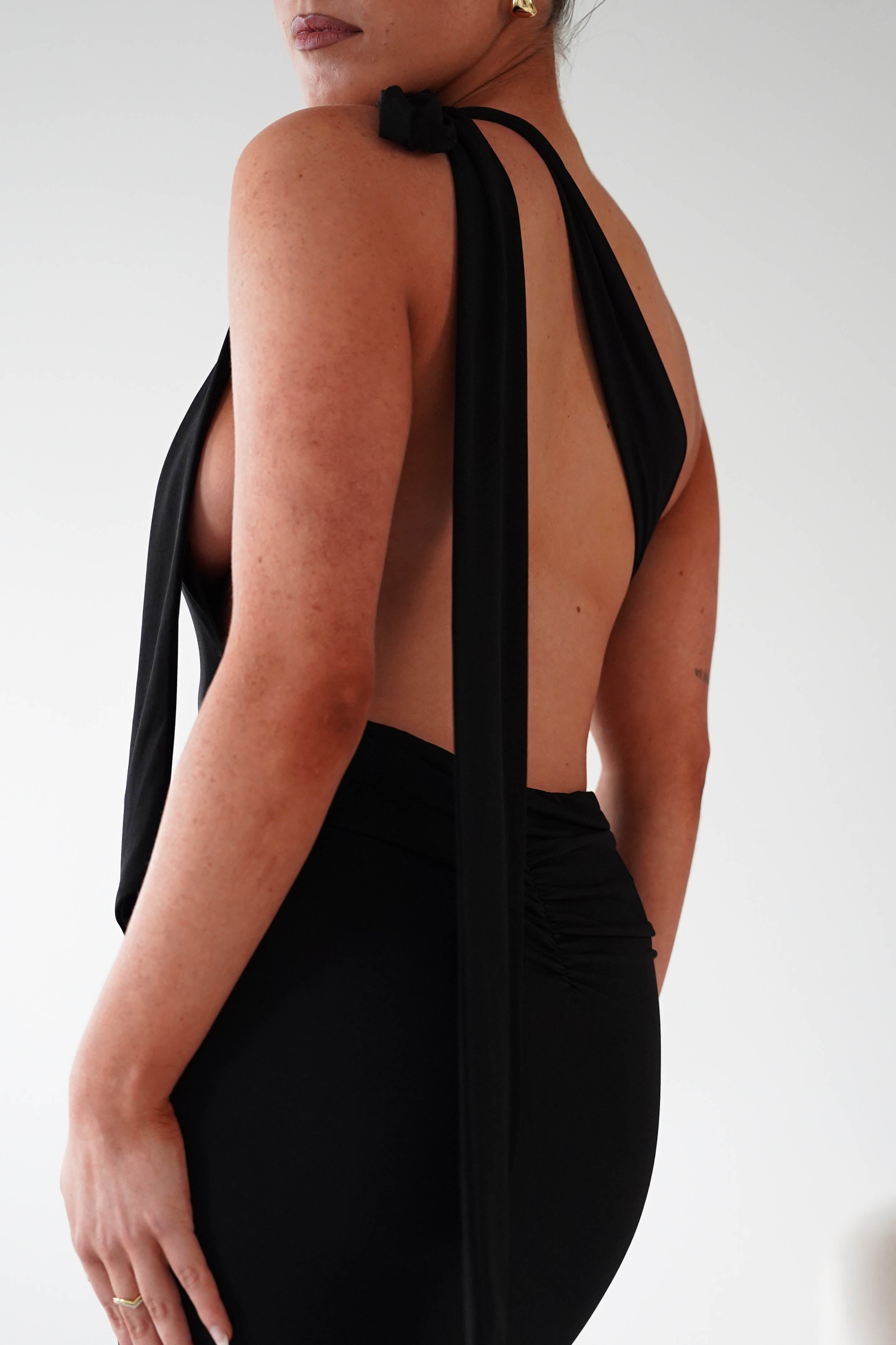 Oh Hello Clothing Debs & Prom Dresses Seraphine Backless Tie Bodycon Maxi Gown | Black