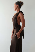 Oh Hello Clothing Wedding Guest Dresses Seraphine Backless Tie Bodycon Maxi Gown | Brown