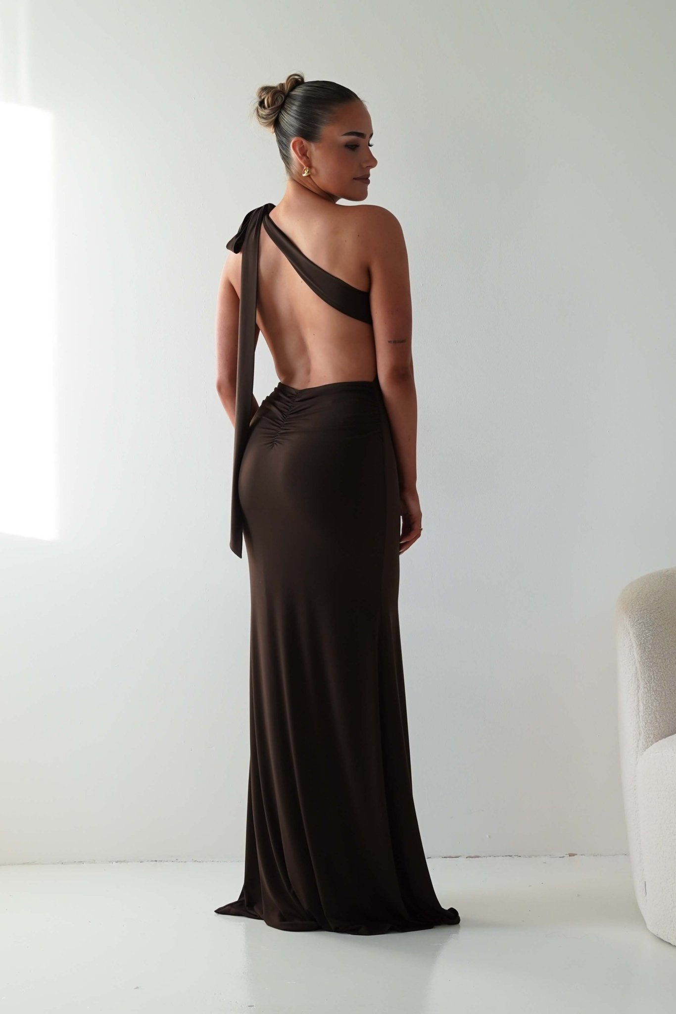 Oh Hello Clothing Wedding Guest Dresses Seraphine Backless Tie Bodycon Maxi Gown | Brown