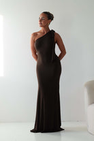 Oh Hello Clothing Wedding Guest Dresses Seraphine Backless Tie Bodycon Maxi Gown | Brown