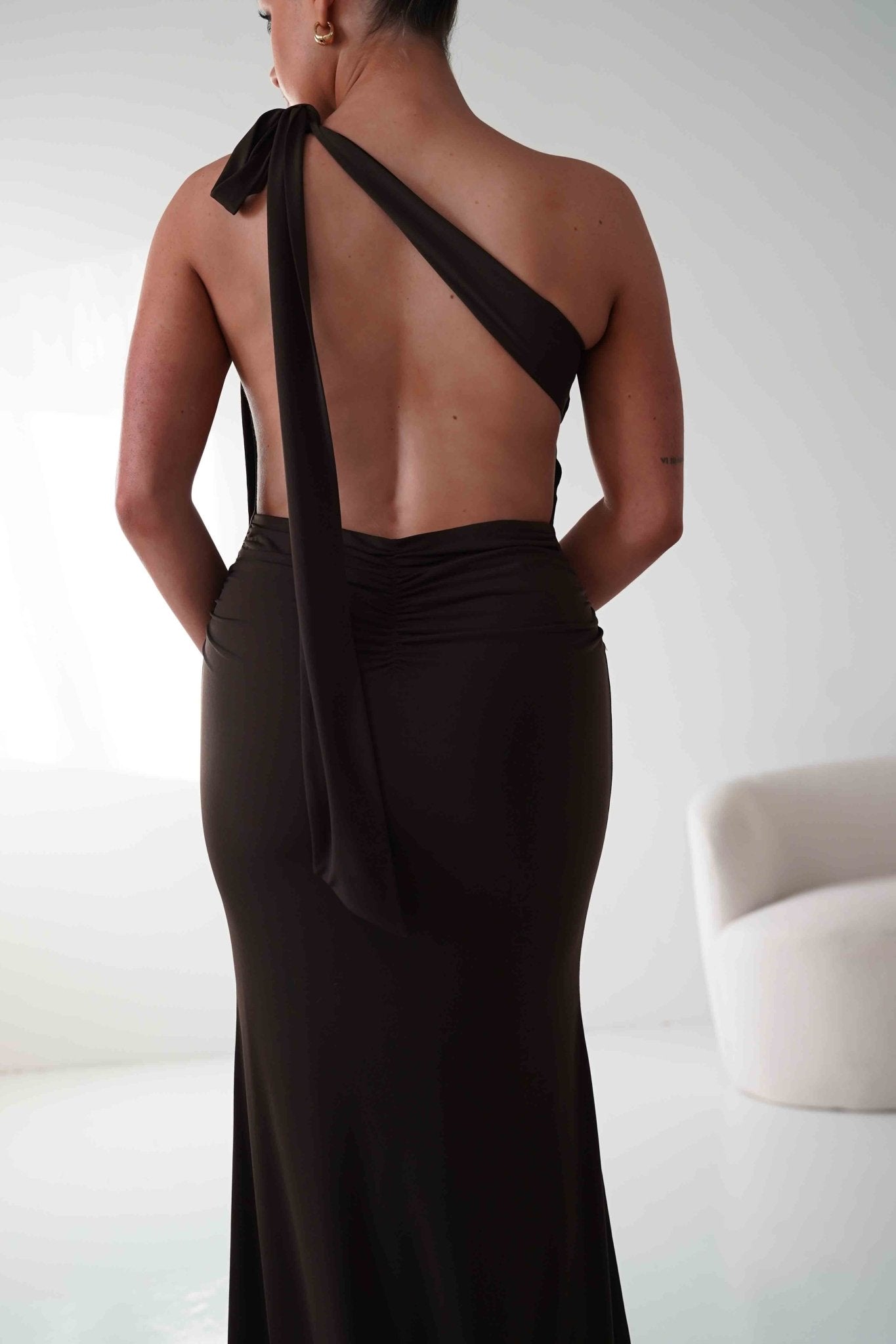 Oh Hello Clothing Wedding Guest Dresses Seraphine Backless Tie Bodycon Maxi Gown | Brown