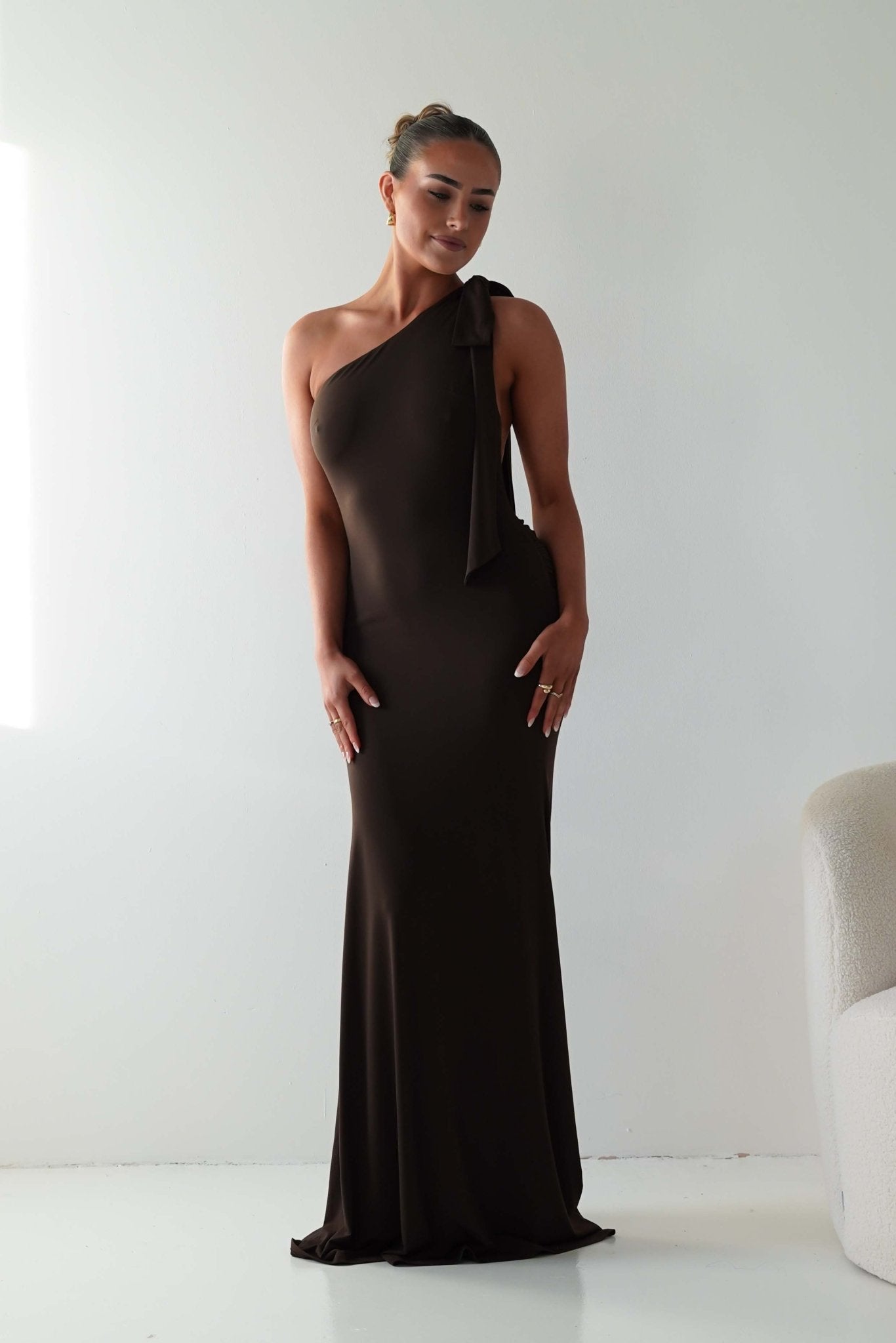 Oh Hello Clothing Wedding Guest Dresses Seraphine Backless Tie Bodycon Maxi Gown | Brown