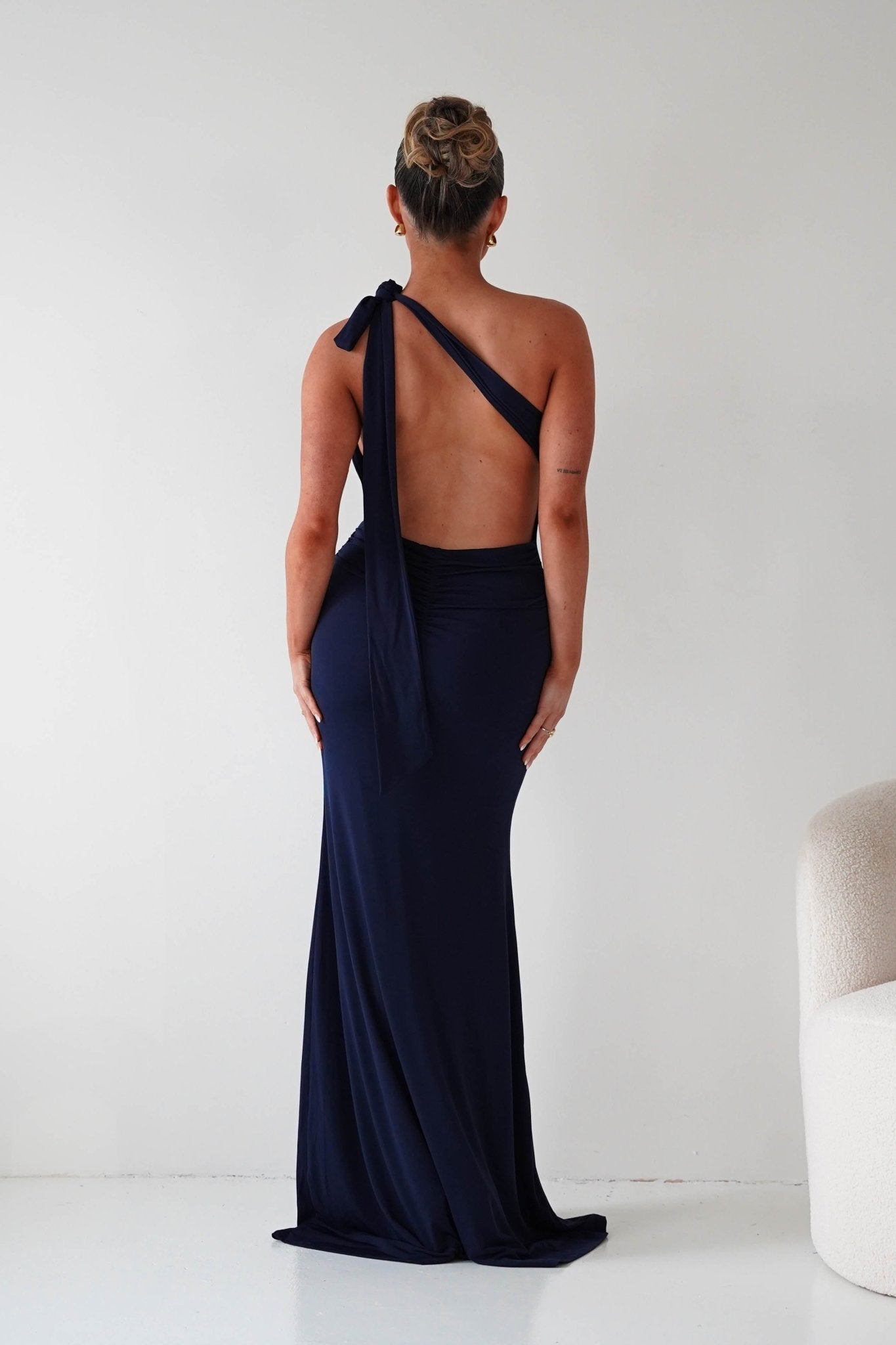 Oh Hello Clothing Wedding Guest Dresses Seraphine Backless Tie Bodycon Maxi Gown | Navy