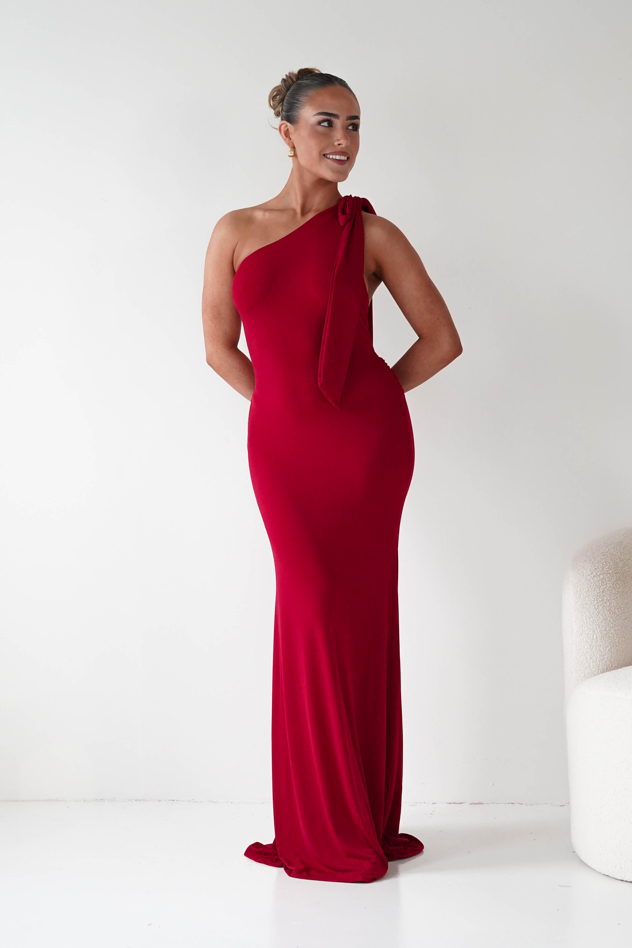 Oh Hello Clothing Wedding Guest Dresses Seraphine Backless Tie Bodycon Maxi Gown | Red